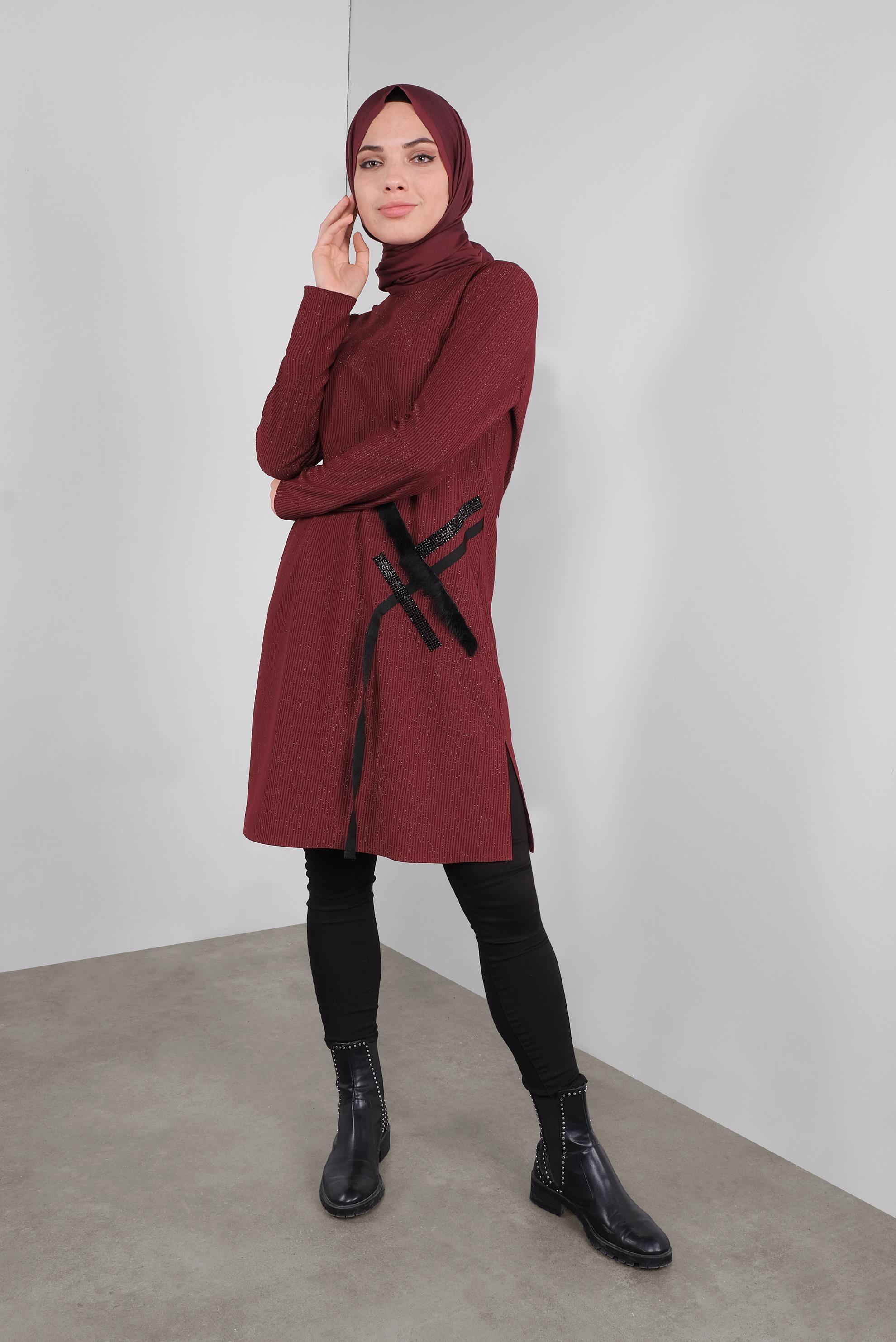 Tesettür giyim BORDO SİMLİ TAŞLI TÜYLÜ TUNİK 41310