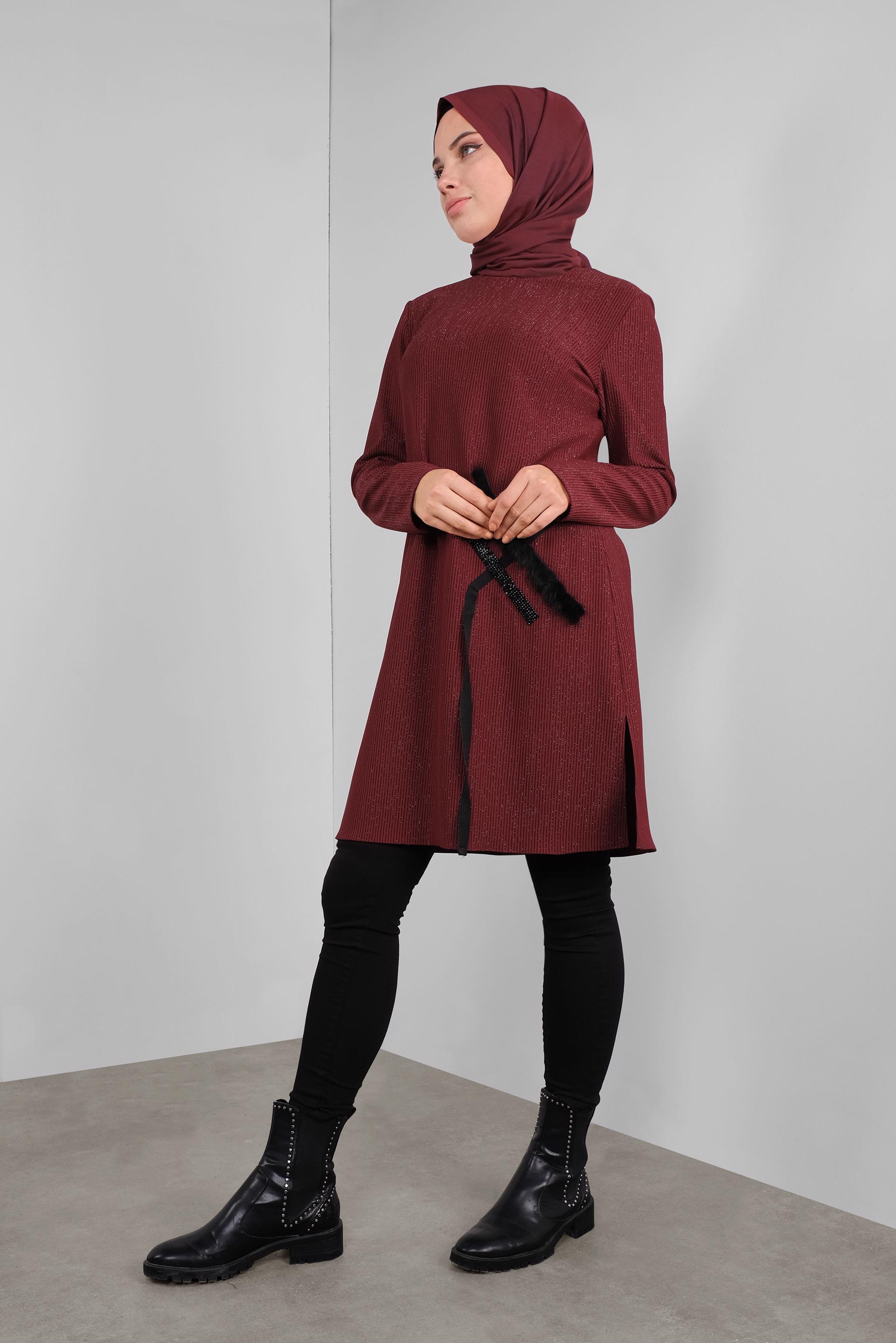 Tesettür giyim BORDO SİMLİ TAŞLI TÜYLÜ TUNİK 41310