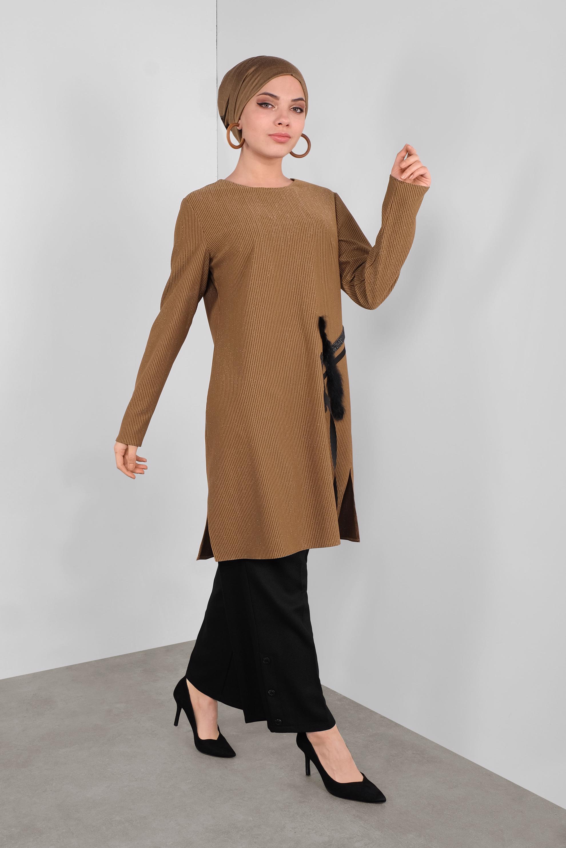 Tesettür giyim KAHVE SİMLİ TAŞLI TÜYLÜ TUNİK 41310