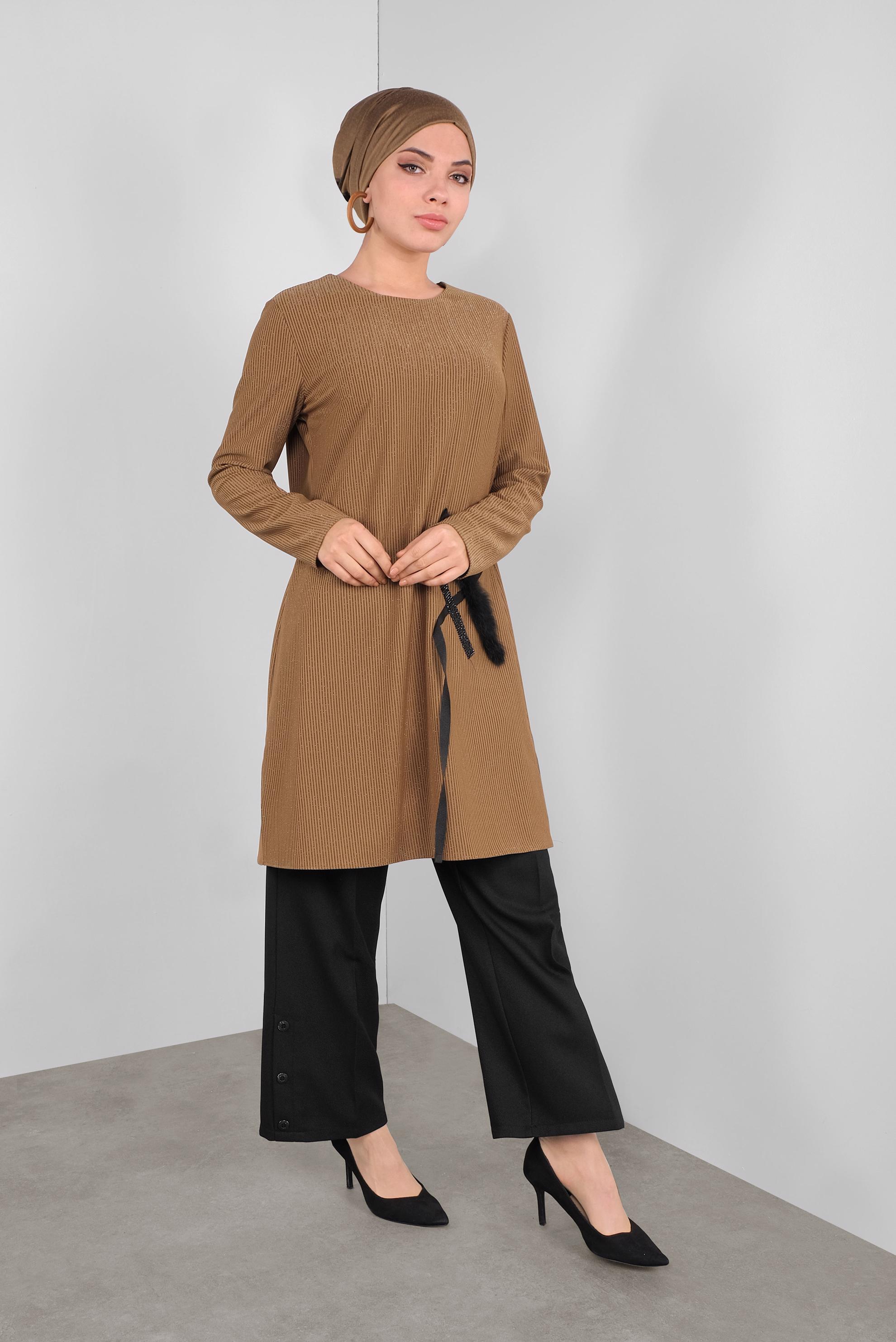 Tesettür giyim KAHVE SİMLİ TAŞLI TÜYLÜ TUNİK 41310