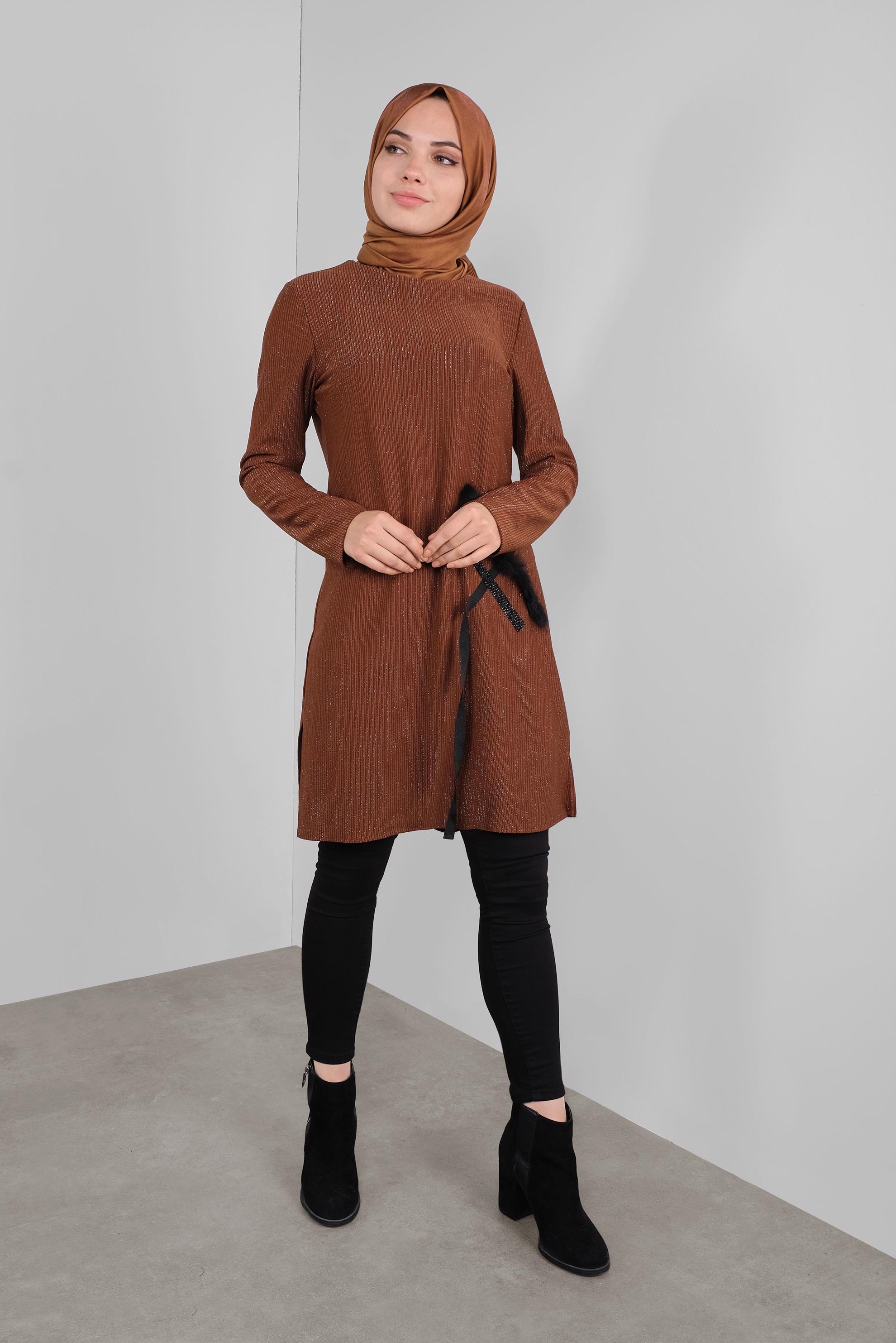 Tesettür giyim TURUNCU SİMLİ TAŞLI TÜYLÜ TUNİK 41310