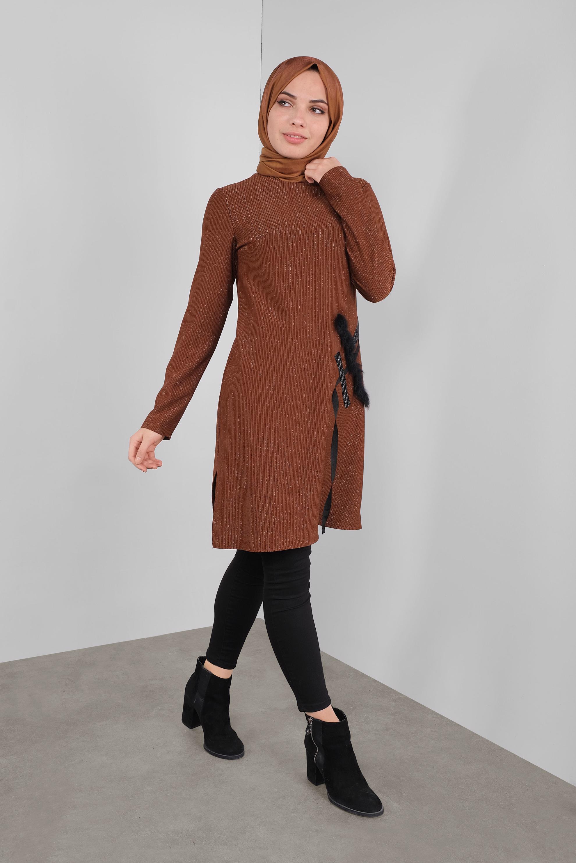 Tesettür giyim TURUNCU SİMLİ TAŞLI TÜYLÜ TUNİK 41310