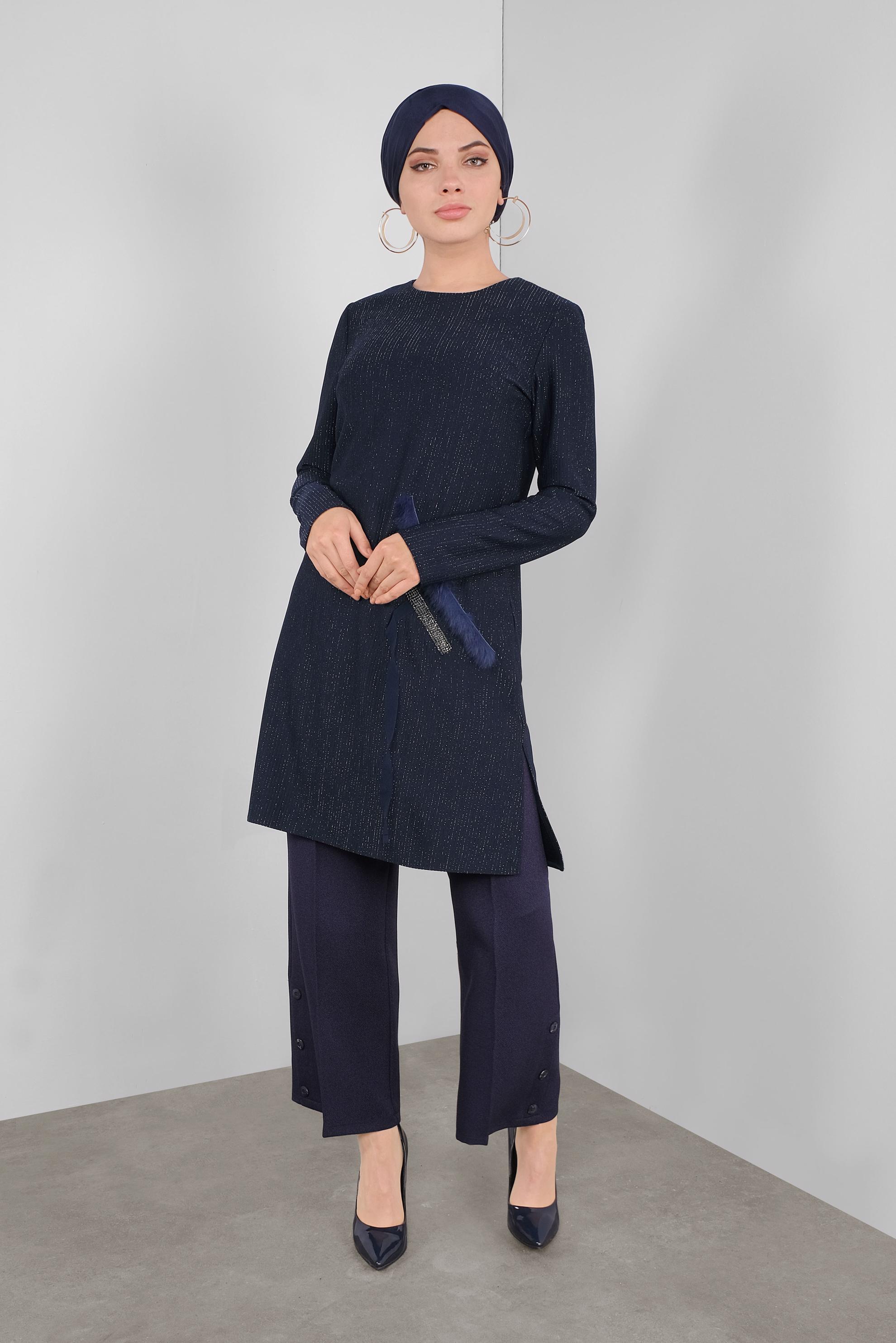 Tesettür giyim LACİVERT SİMLİ TAŞLI TÜYLÜ TUNİK 41310