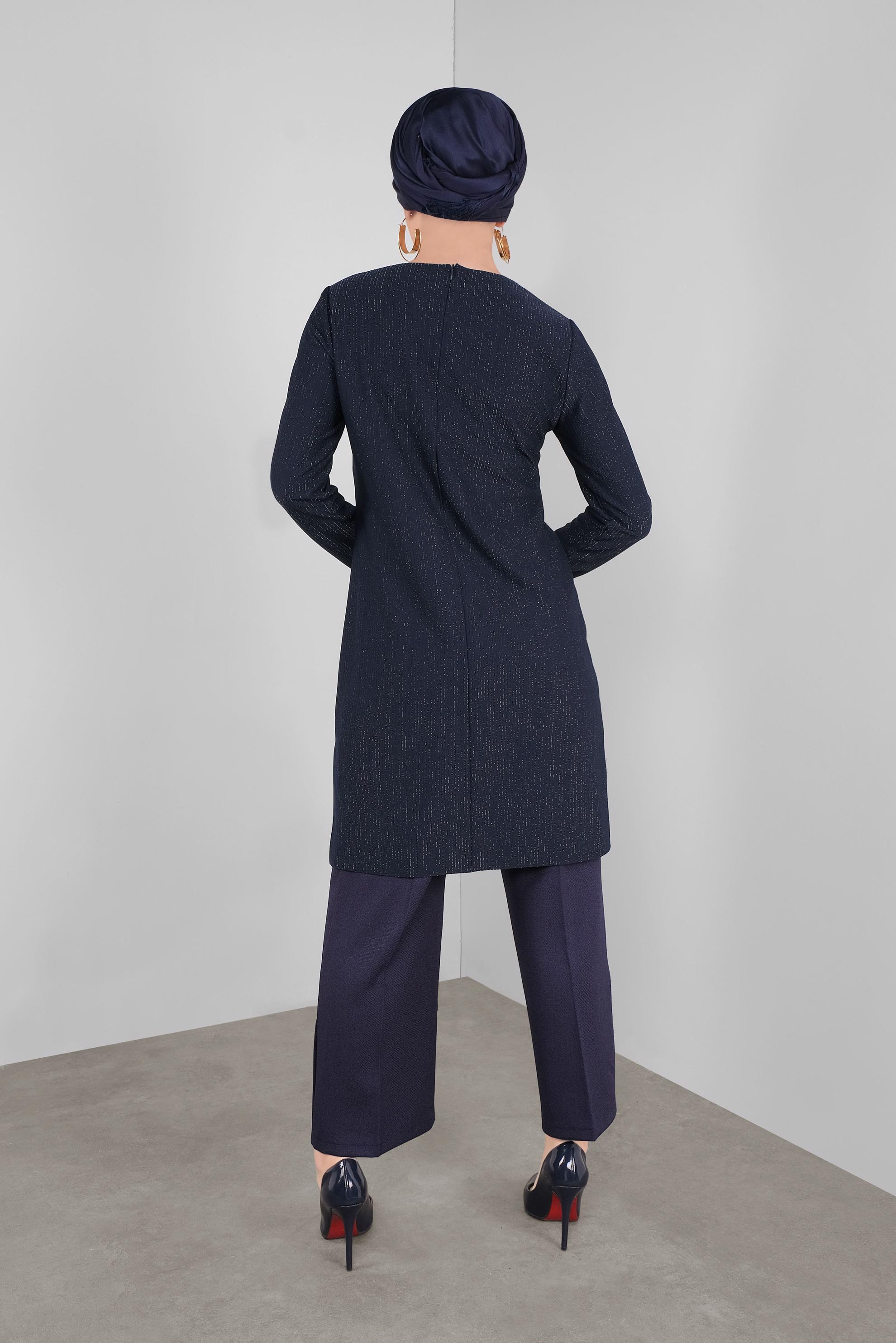 Tesettür giyim LACİVERT SİMLİ TAŞLI TÜYLÜ TUNİK 41310