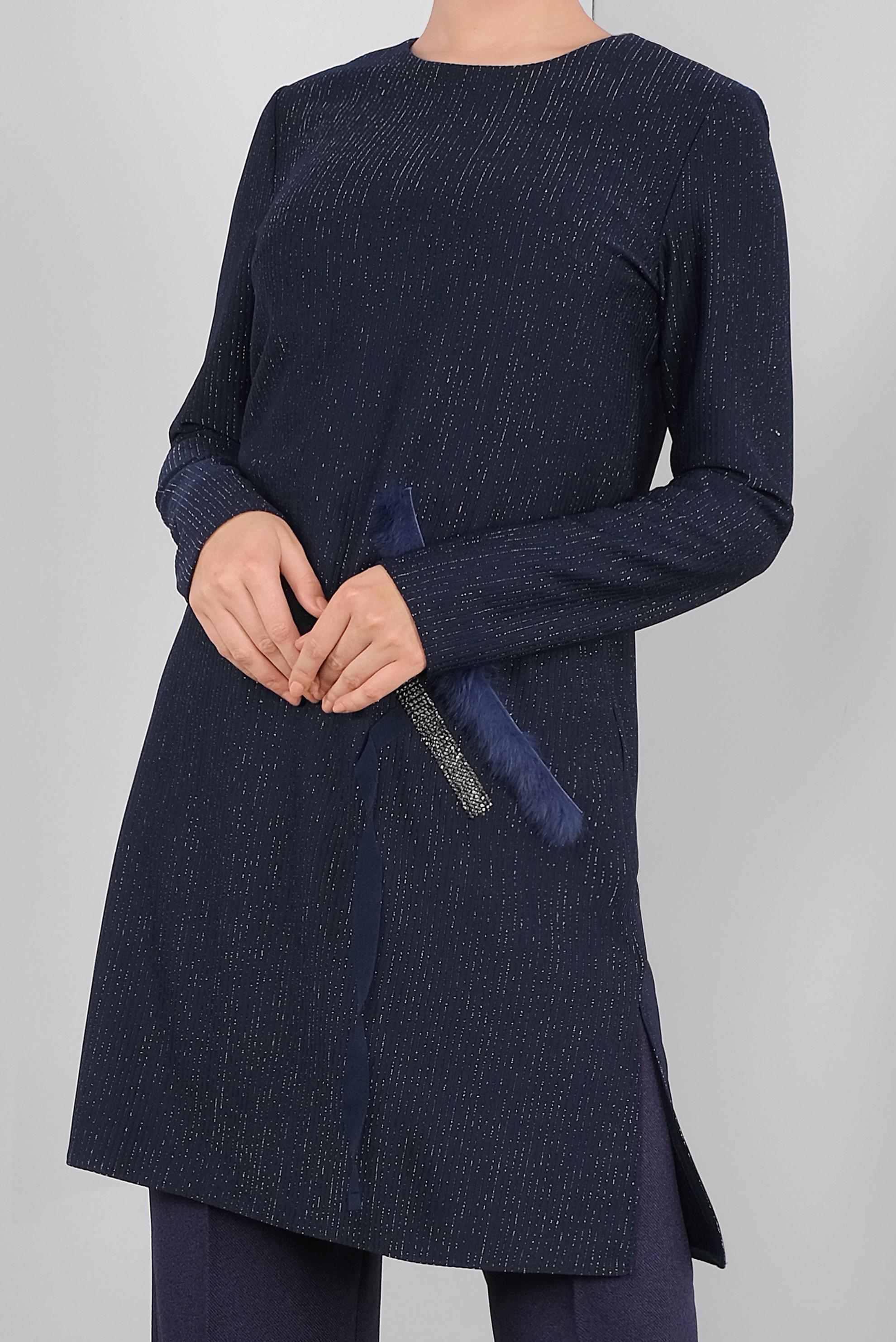 Tesettür giyim LACİVERT SİMLİ TAŞLI TÜYLÜ TUNİK 41310