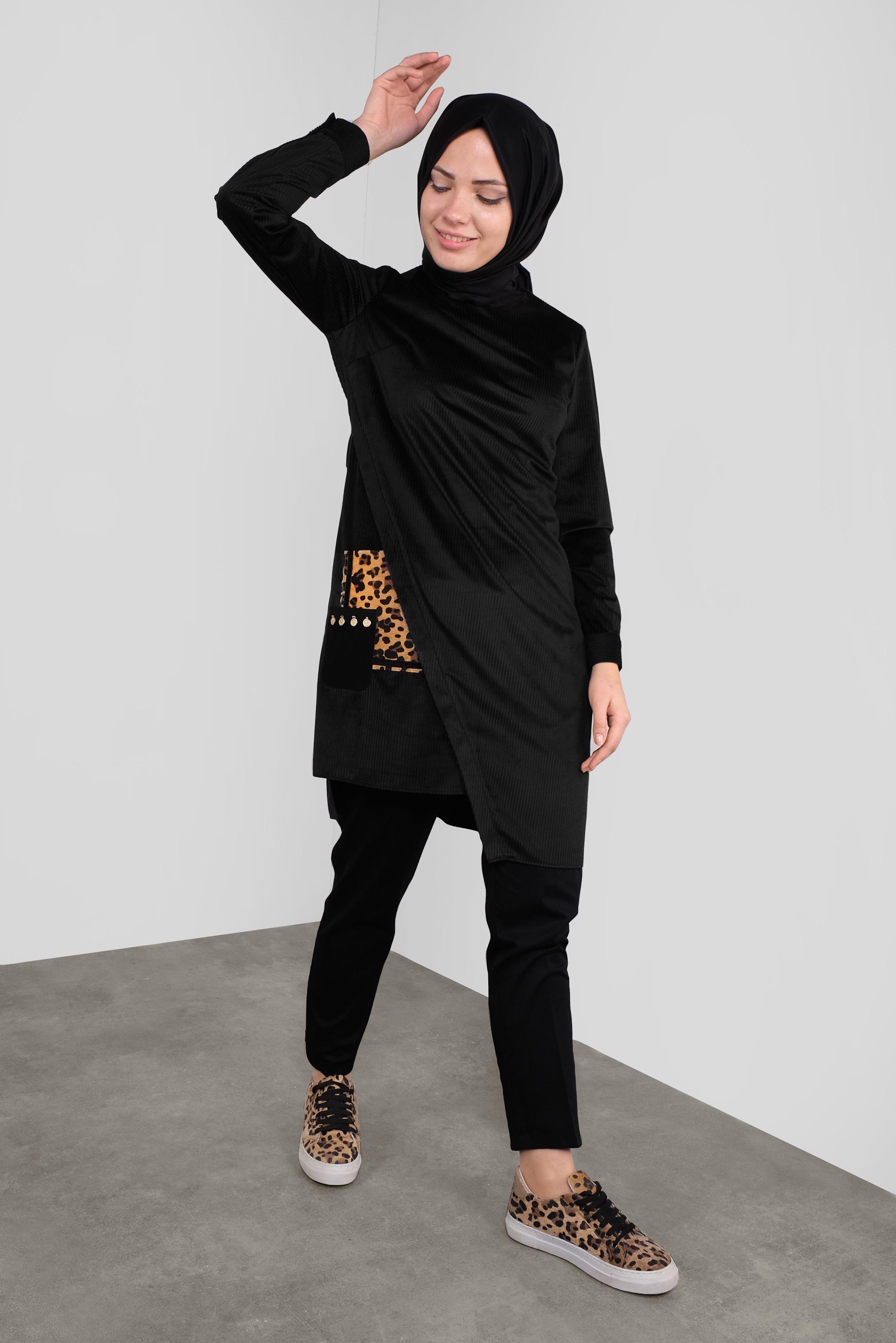 Tesettür giyim SİYAH LEOPAR CEPLİ FİTİLLİ KADİFE TUNİK 41311 