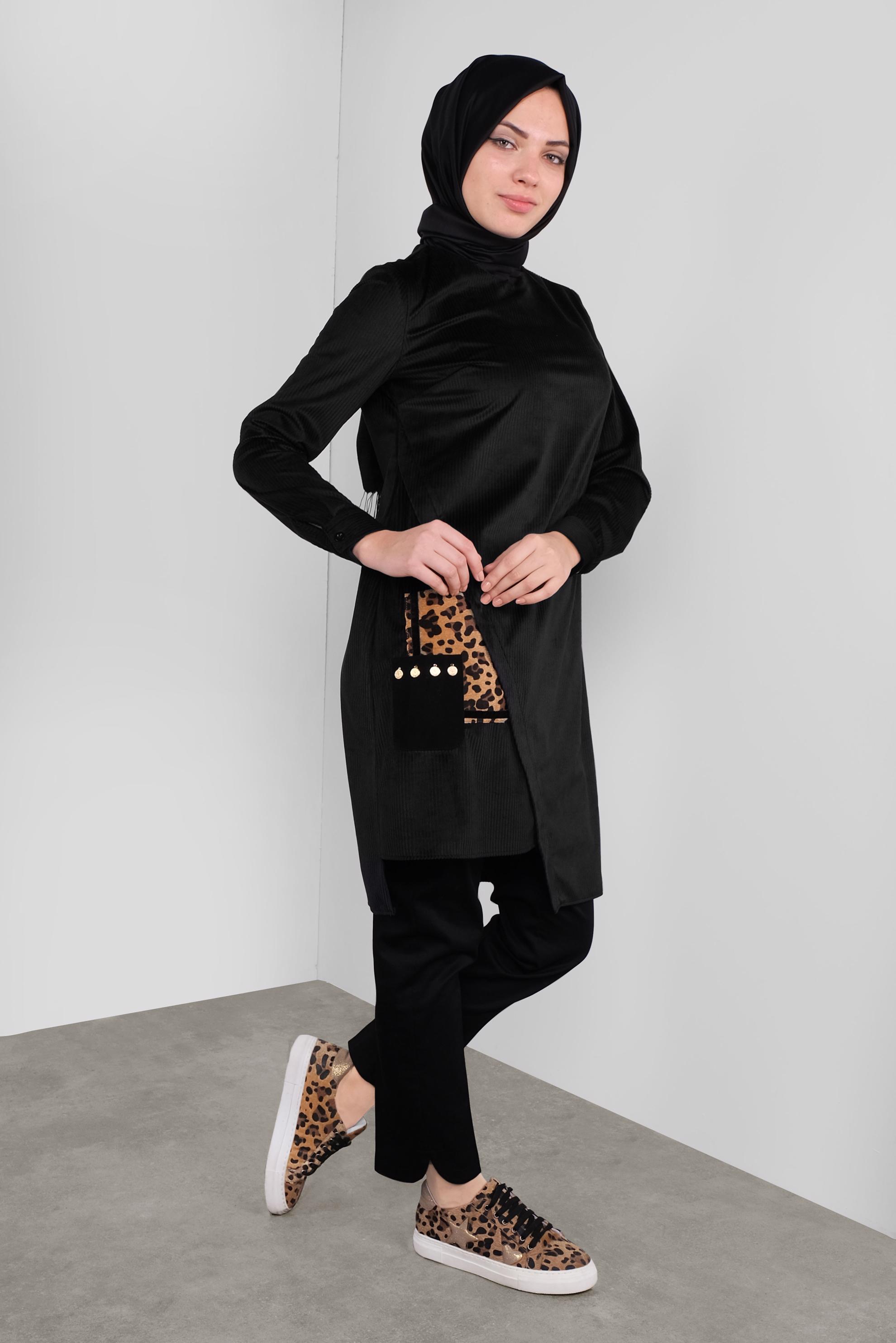 Tesettür giyim SİYAH LEOPAR CEPLİ FİTİLLİ KADİFE TUNİK 41311 