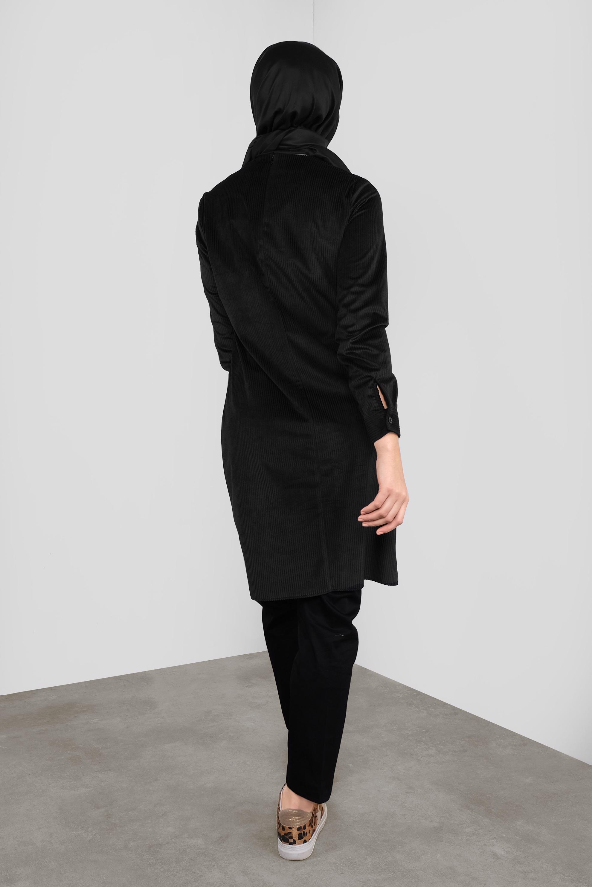 Tesettür giyim SİYAH LEOPAR CEPLİ FİTİLLİ KADİFE TUNİK 41311 