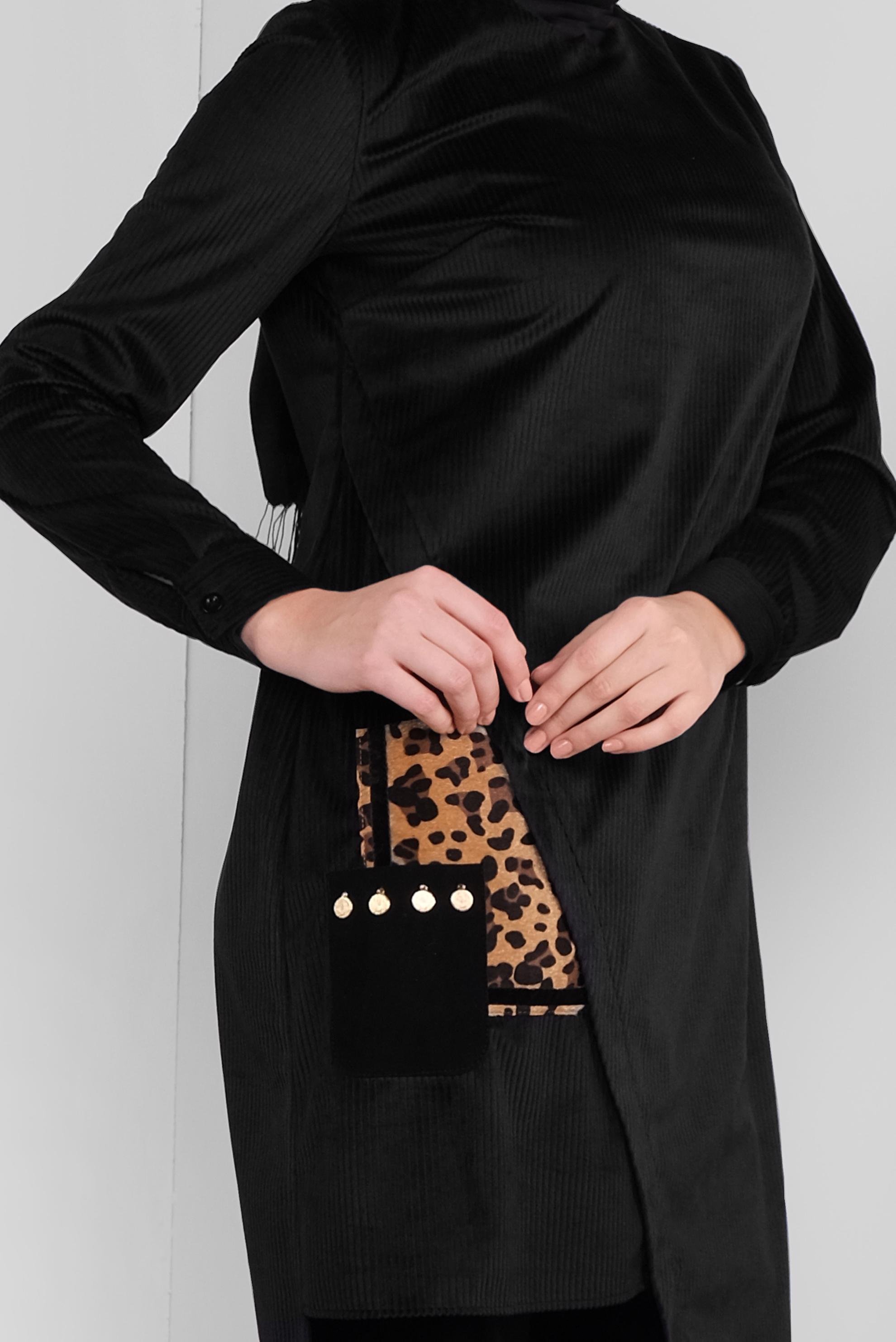 Tesettür giyim SİYAH LEOPAR CEPLİ FİTİLLİ KADİFE TUNİK 41311 