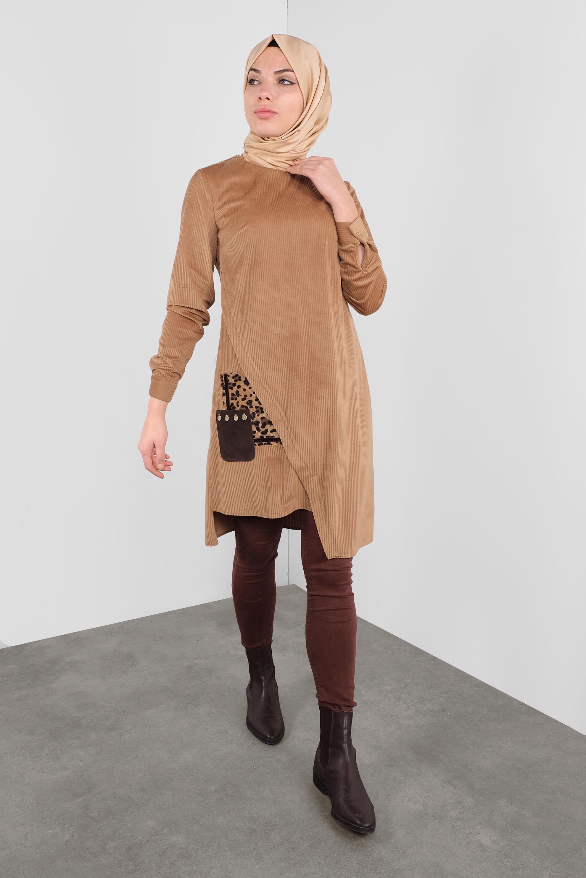 Tesettür giyim KAHVE LEOPAR CEPLİ FİTİLLİ KADİFE TUNİK 41311 