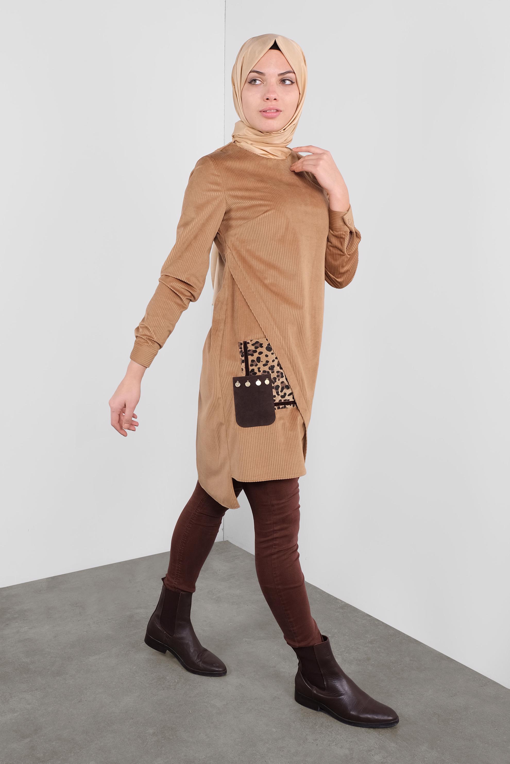 Tesettür giyim KAHVE LEOPAR CEPLİ FİTİLLİ KADİFE TUNİK 41311 