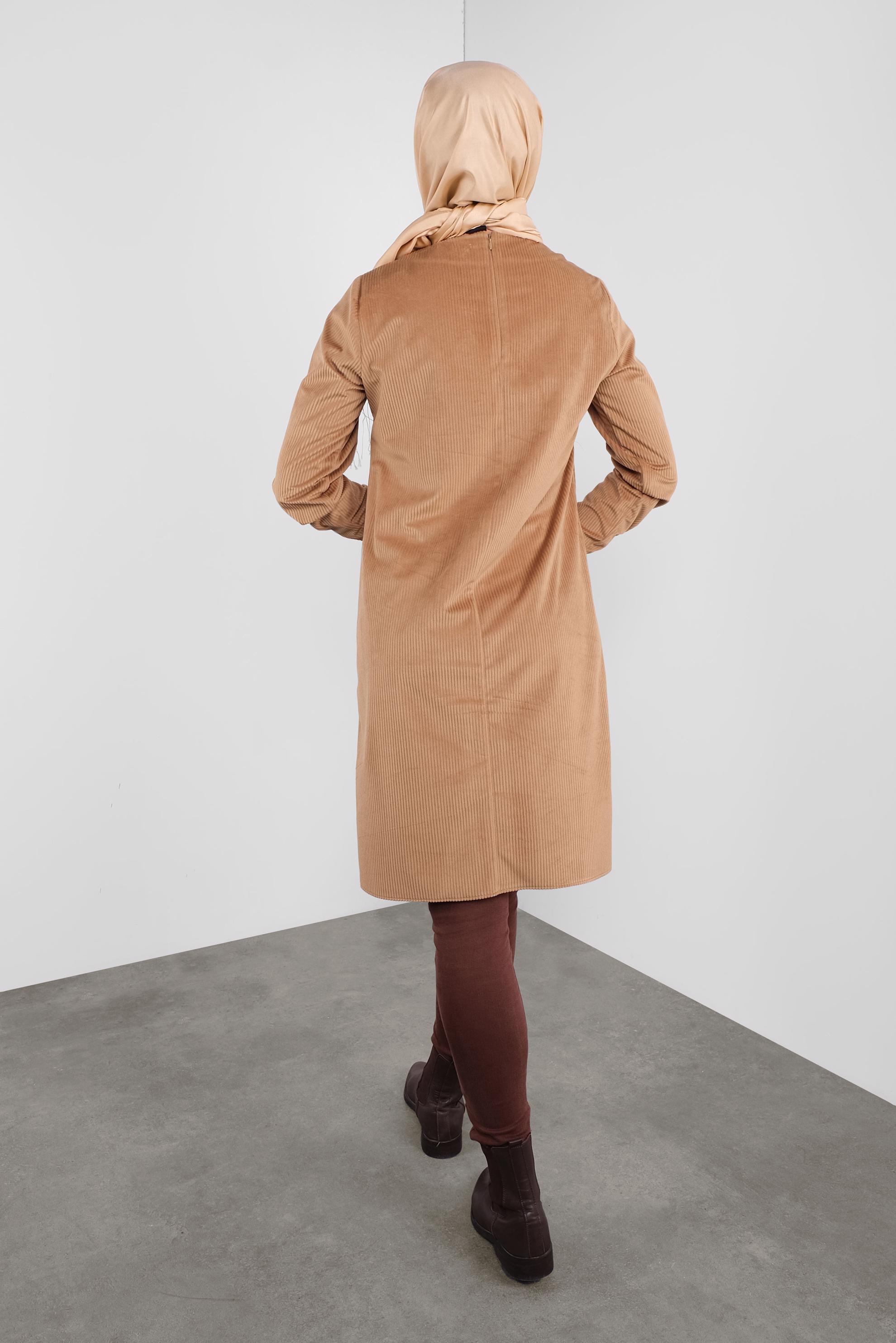 Tesettür giyim KAHVE LEOPAR CEPLİ FİTİLLİ KADİFE TUNİK 41311 