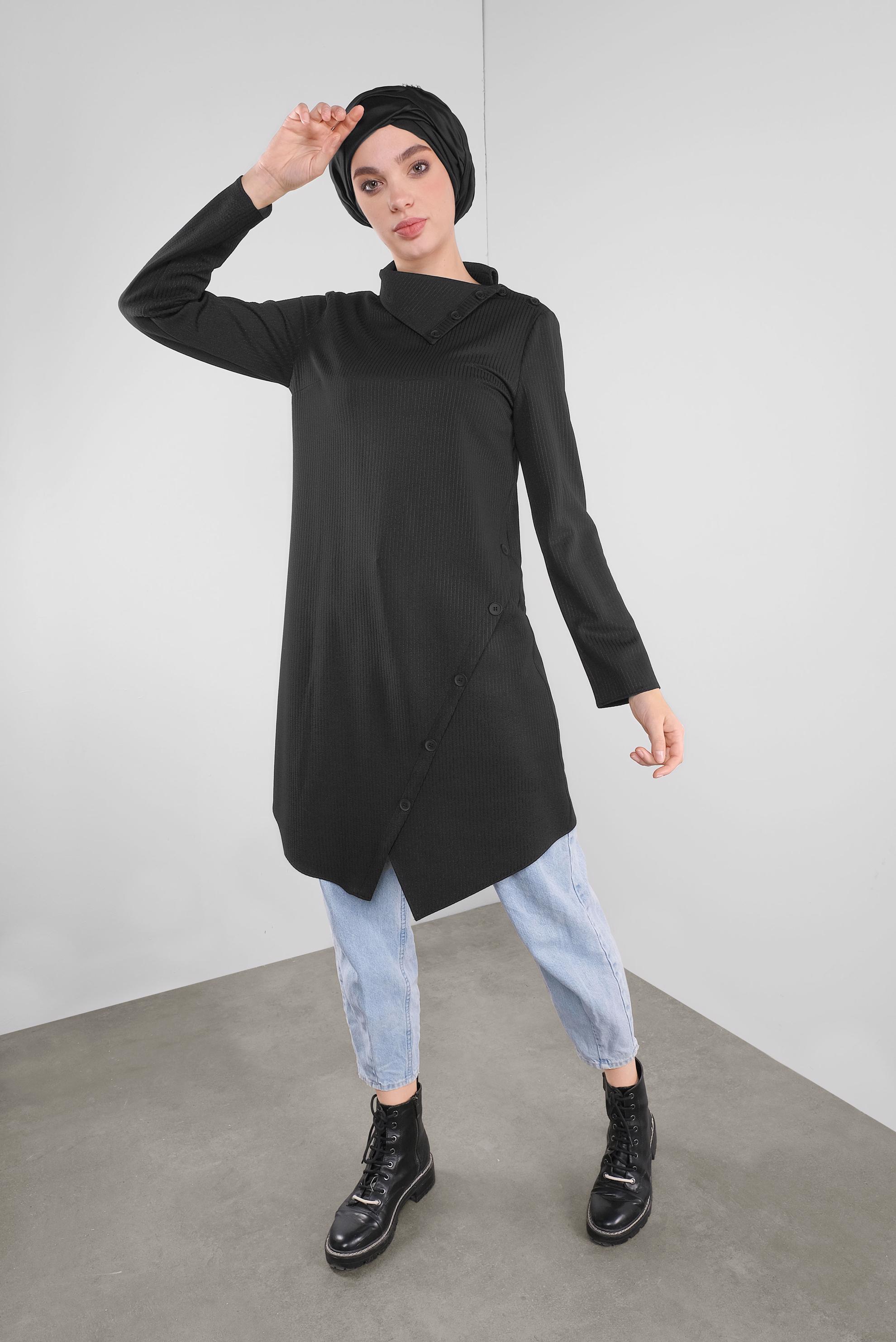 Tesettür giyim SİYAH DÜĞME DETAYLI ASİMETRİK KESİM TUNİK 41312