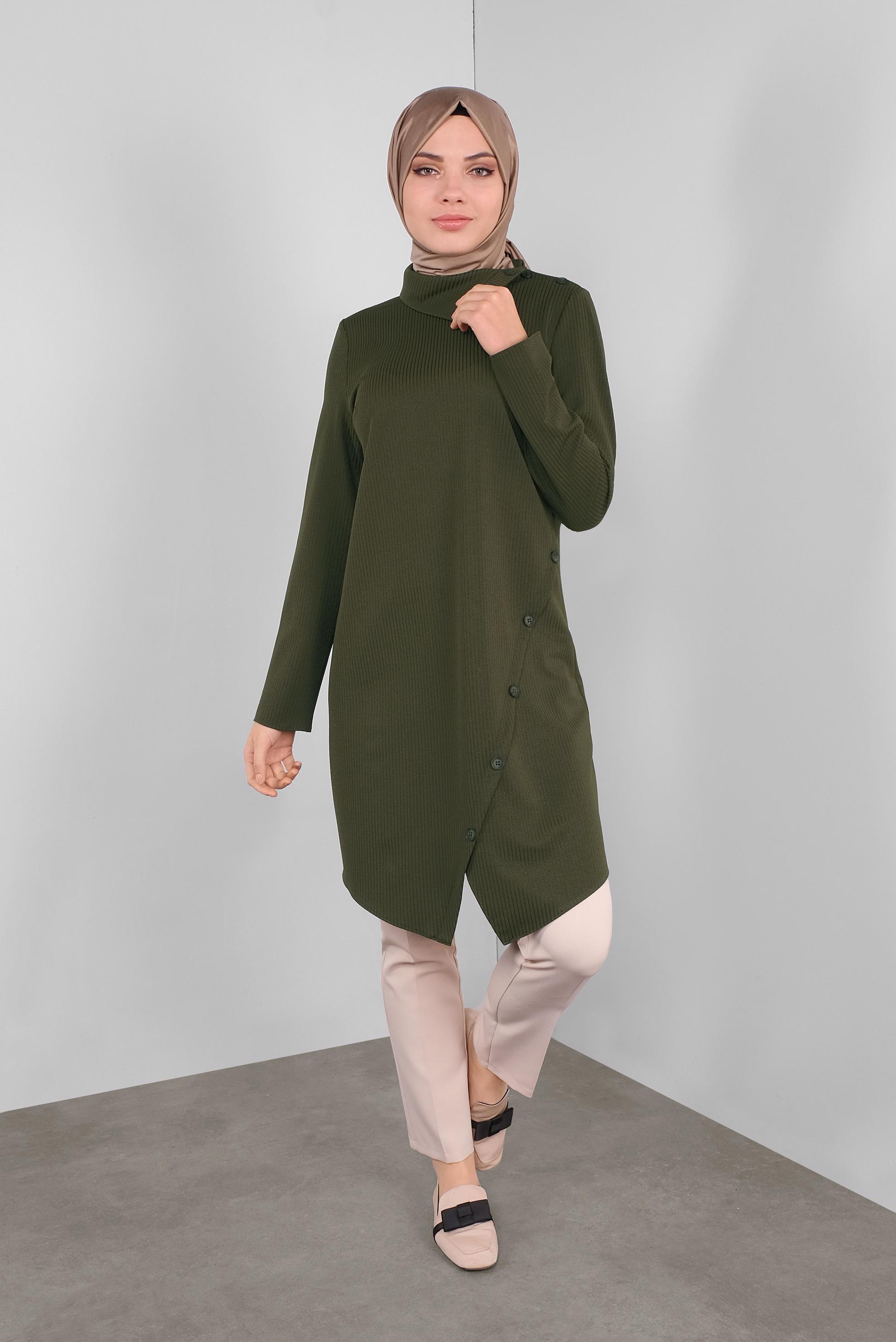 Tesettür giyim HAKİ DÜĞME DETAYLI ASİMETRİK KESİM TUNİK 41312