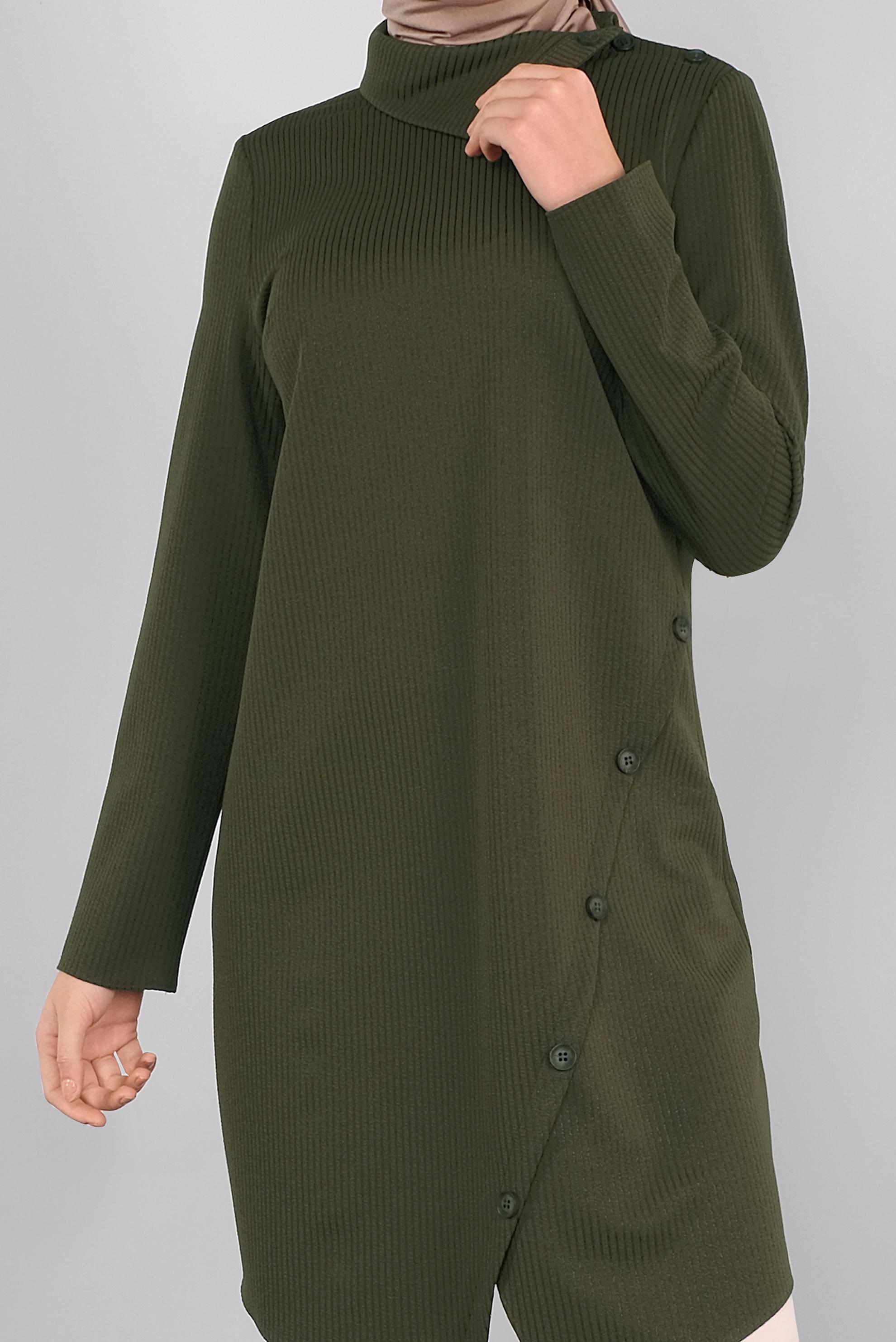 Tesettür giyim HAKİ DÜĞME DETAYLI ASİMETRİK KESİM TUNİK 41312