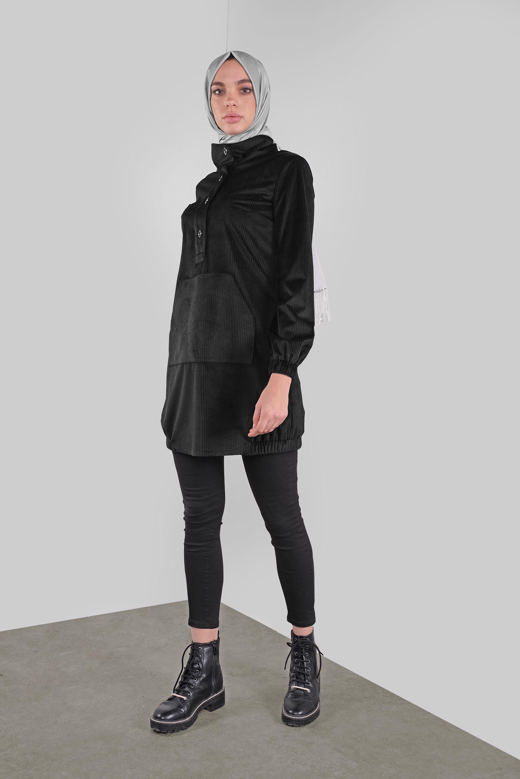 Tesettür giyim SİYAH BOĞAZLI FİTİLLİ KADİFE TUNİK 41313 