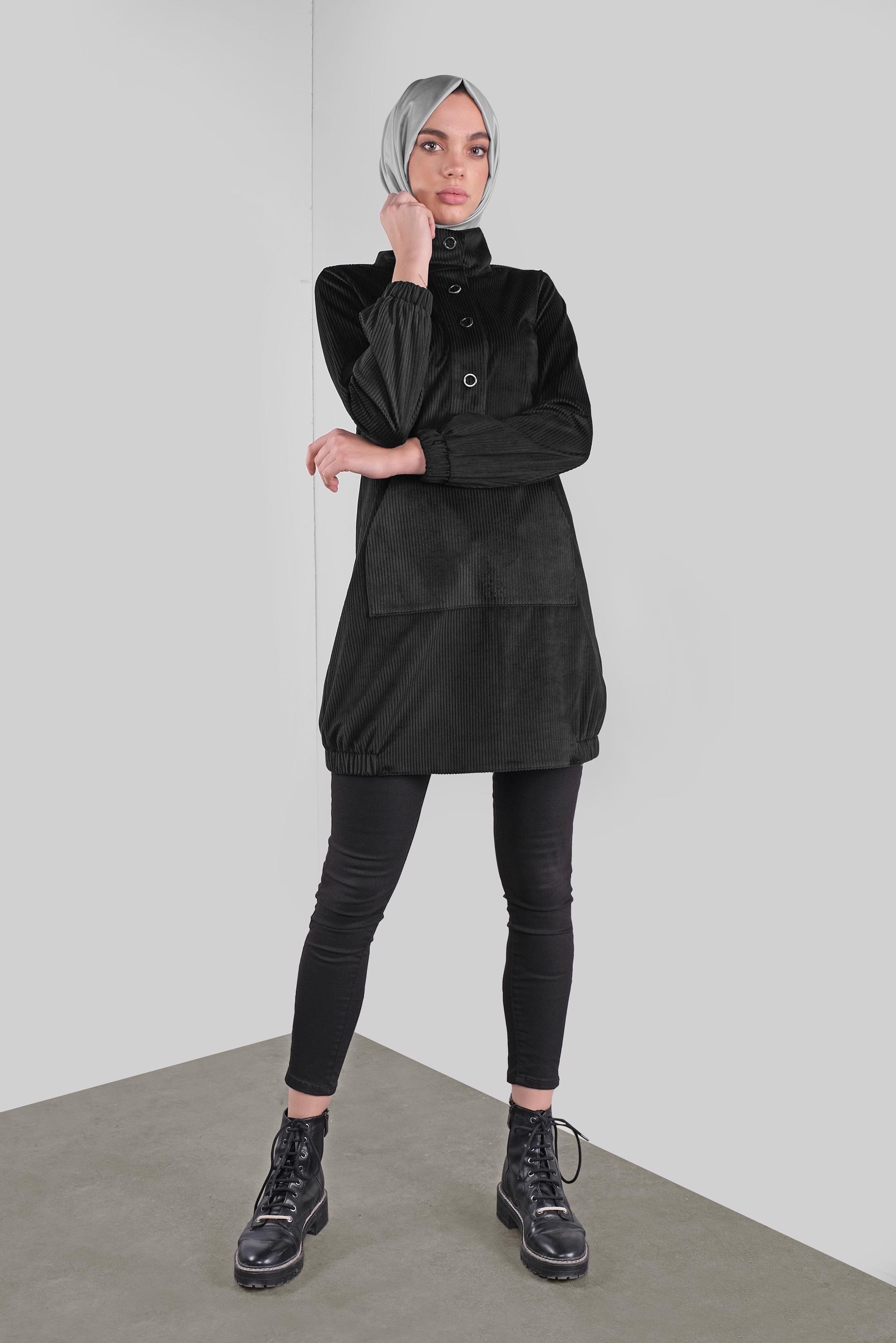 Tesettür giyim SİYAH BOĞAZLI FİTİLLİ KADİFE TUNİK 41313 