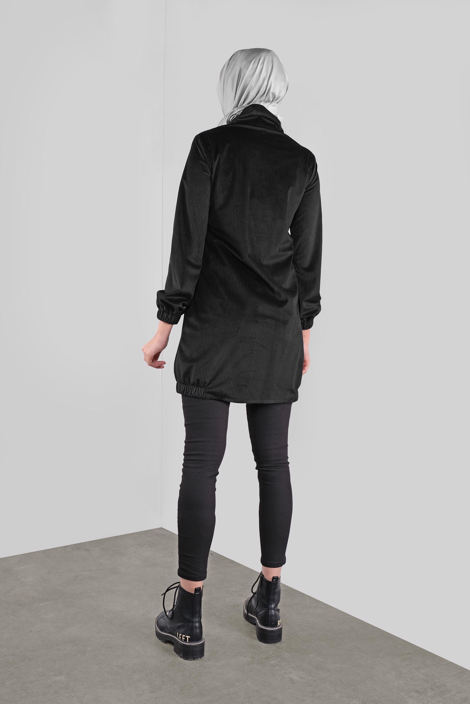 Tesettür giyim SİYAH BOĞAZLI FİTİLLİ KADİFE TUNİK 41313 