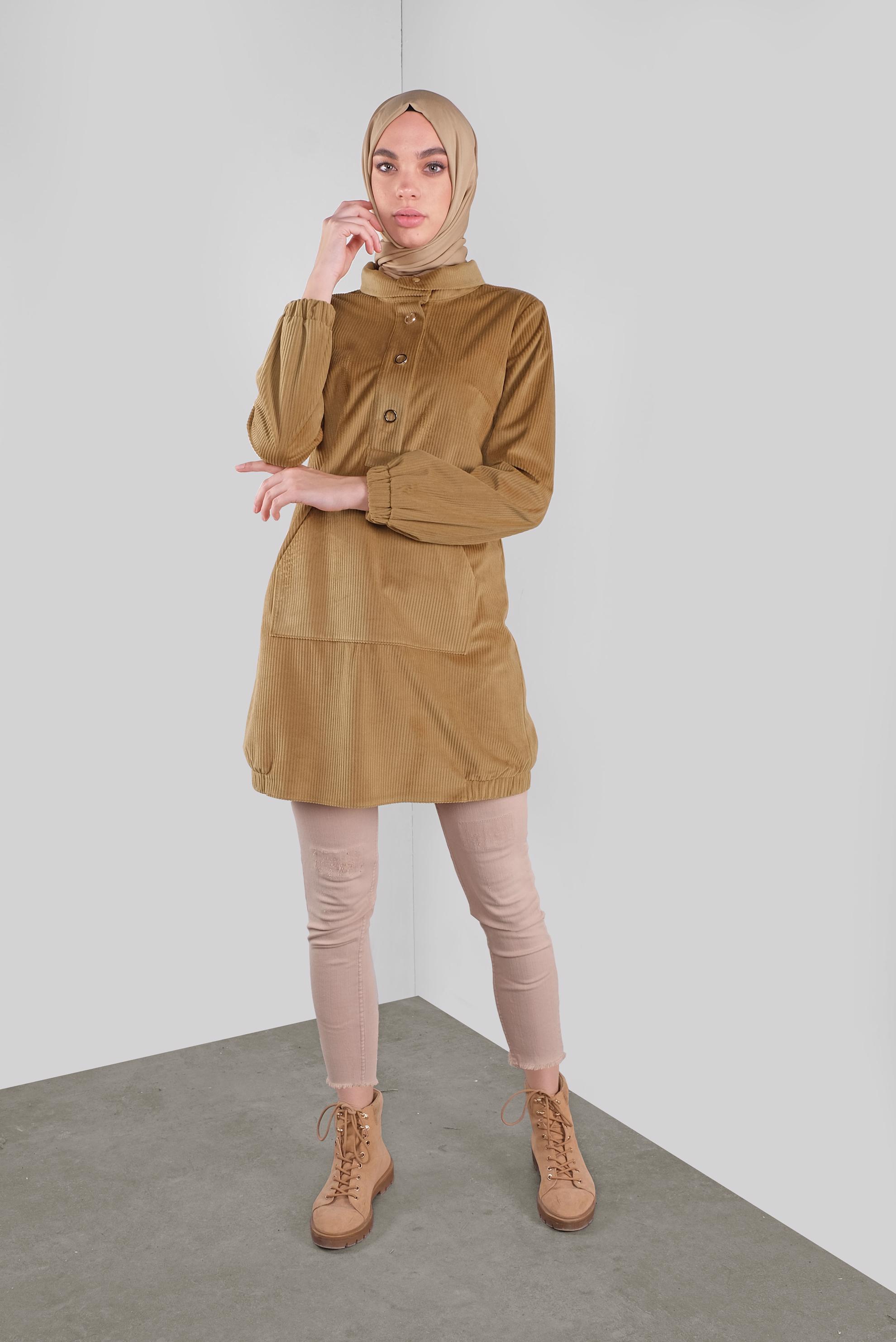 Tesettür giyim TABA BOĞAZLI FİTİLLİ KADİFE TUNİK 41313 