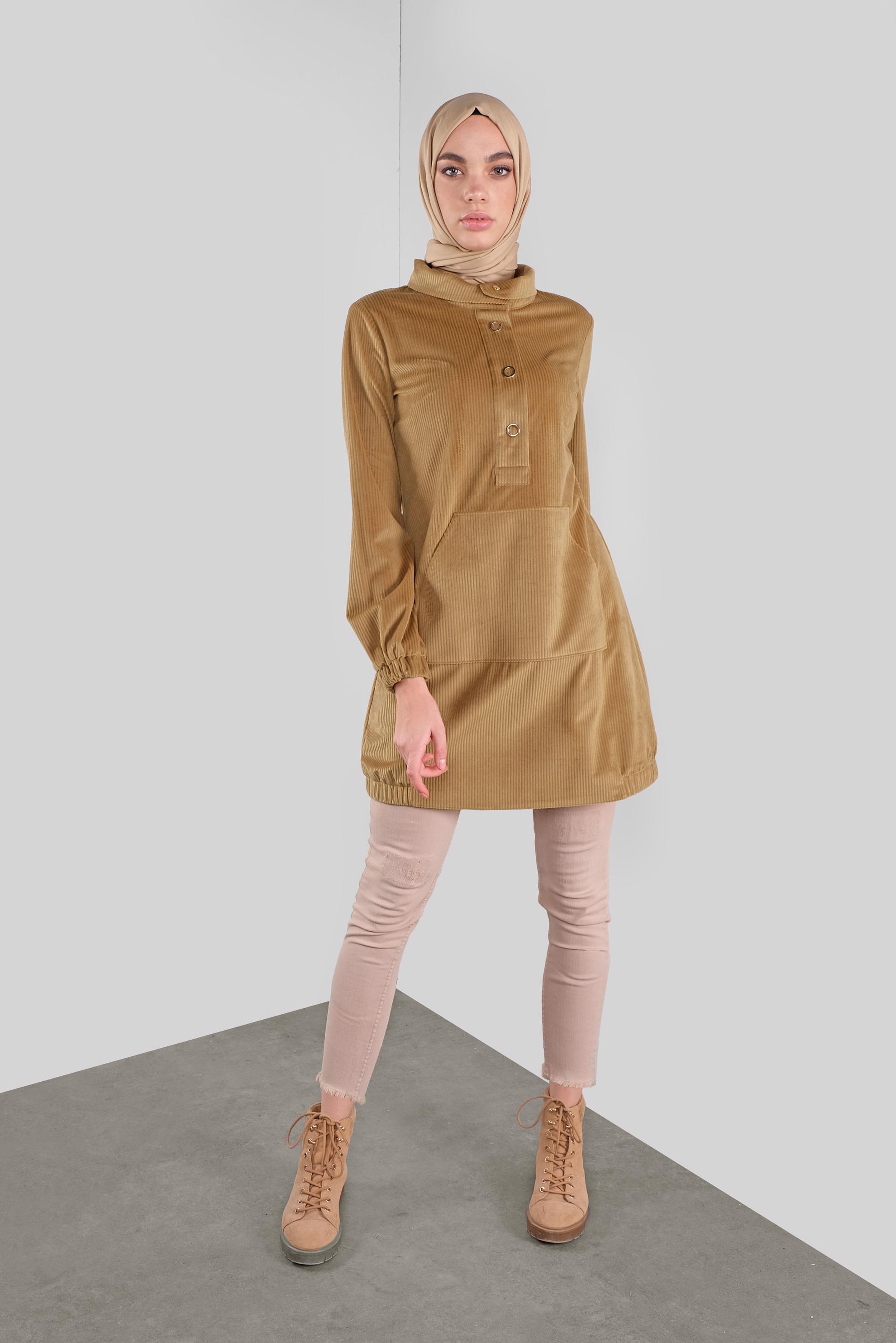 Tesettür giyim TABA BOĞAZLI FİTİLLİ KADİFE TUNİK 41313 