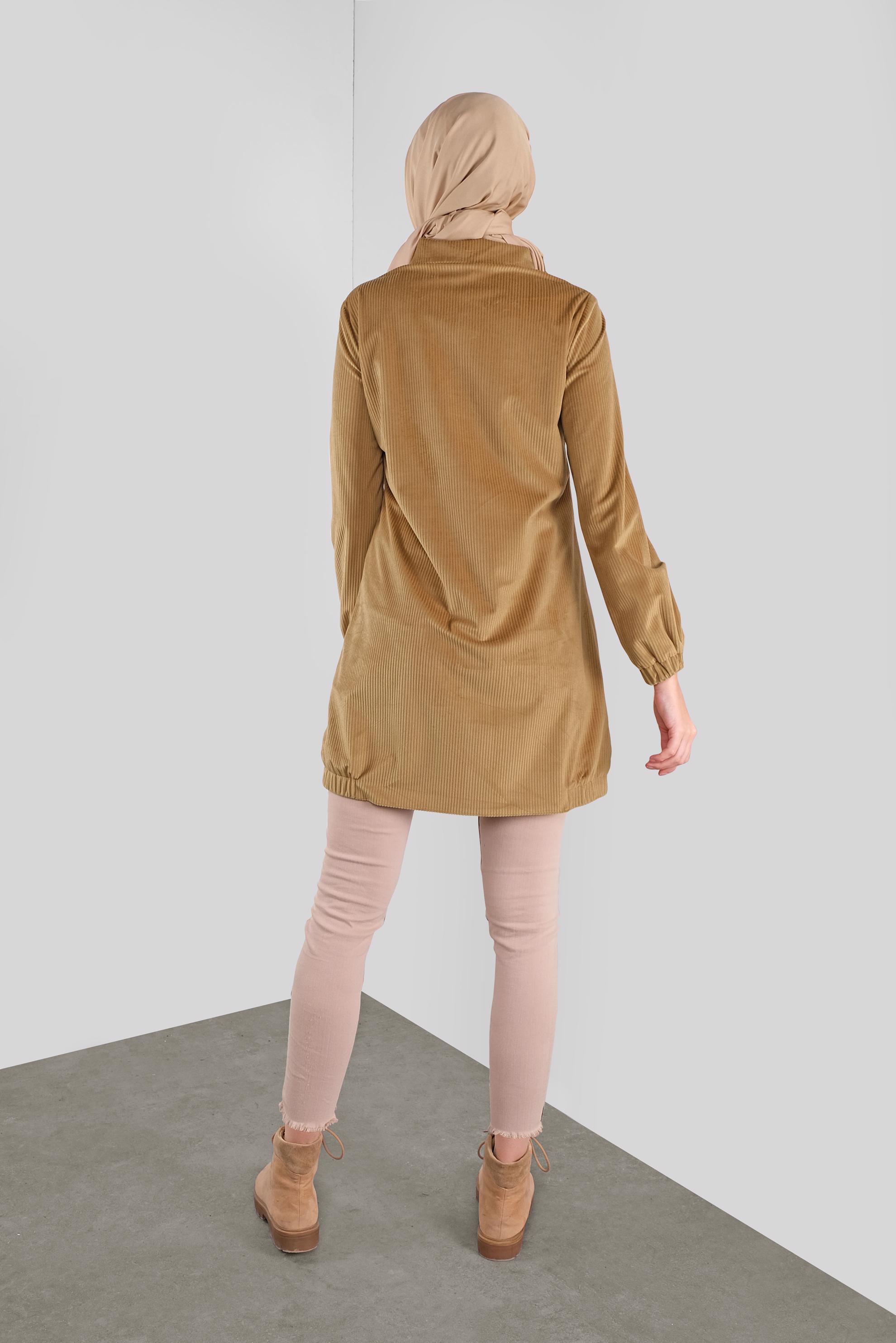 Tesettür giyim TABA BOĞAZLI FİTİLLİ KADİFE TUNİK 41313 