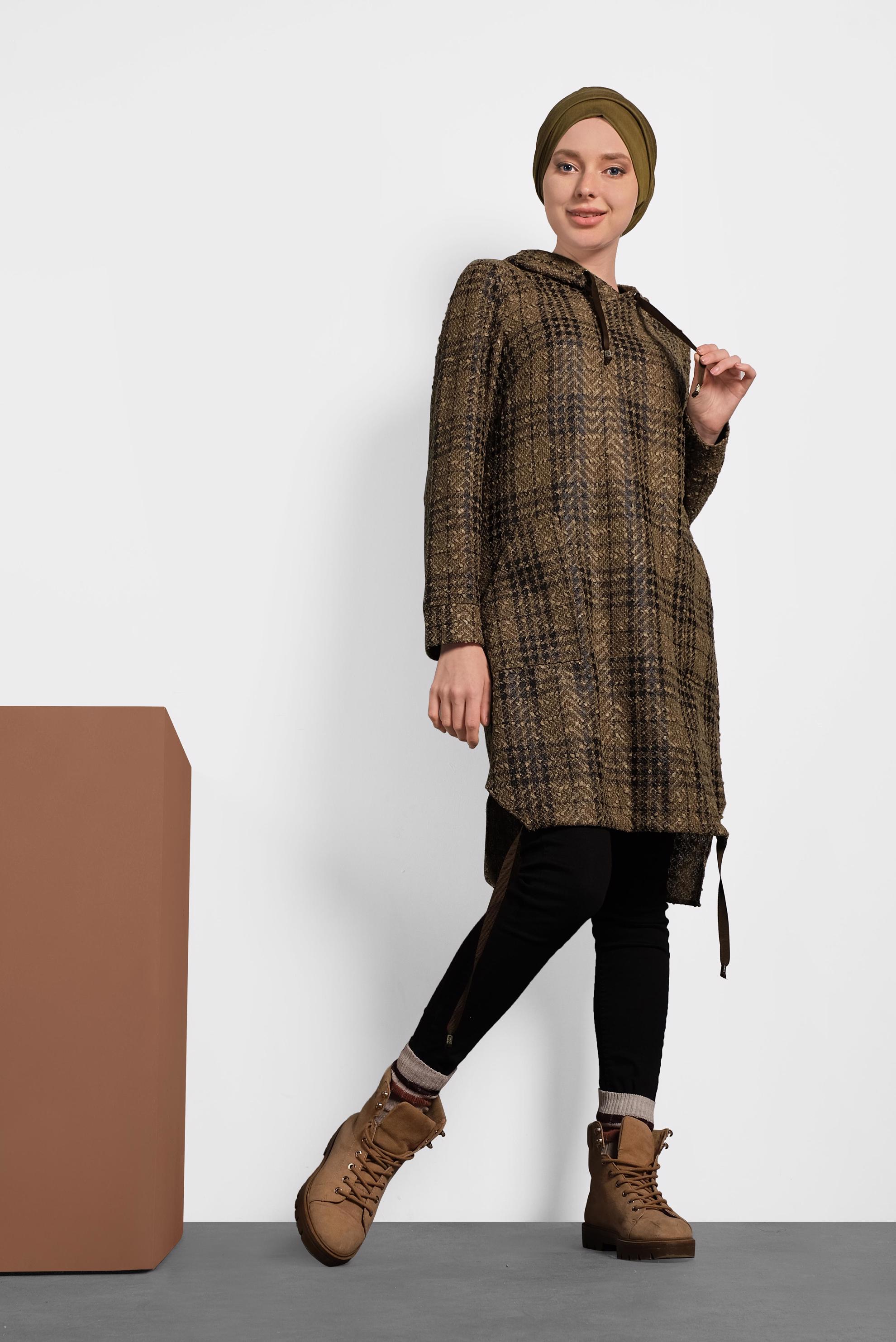 Tesettür giyim KAHVE EKOSE TUNİK 40409-1