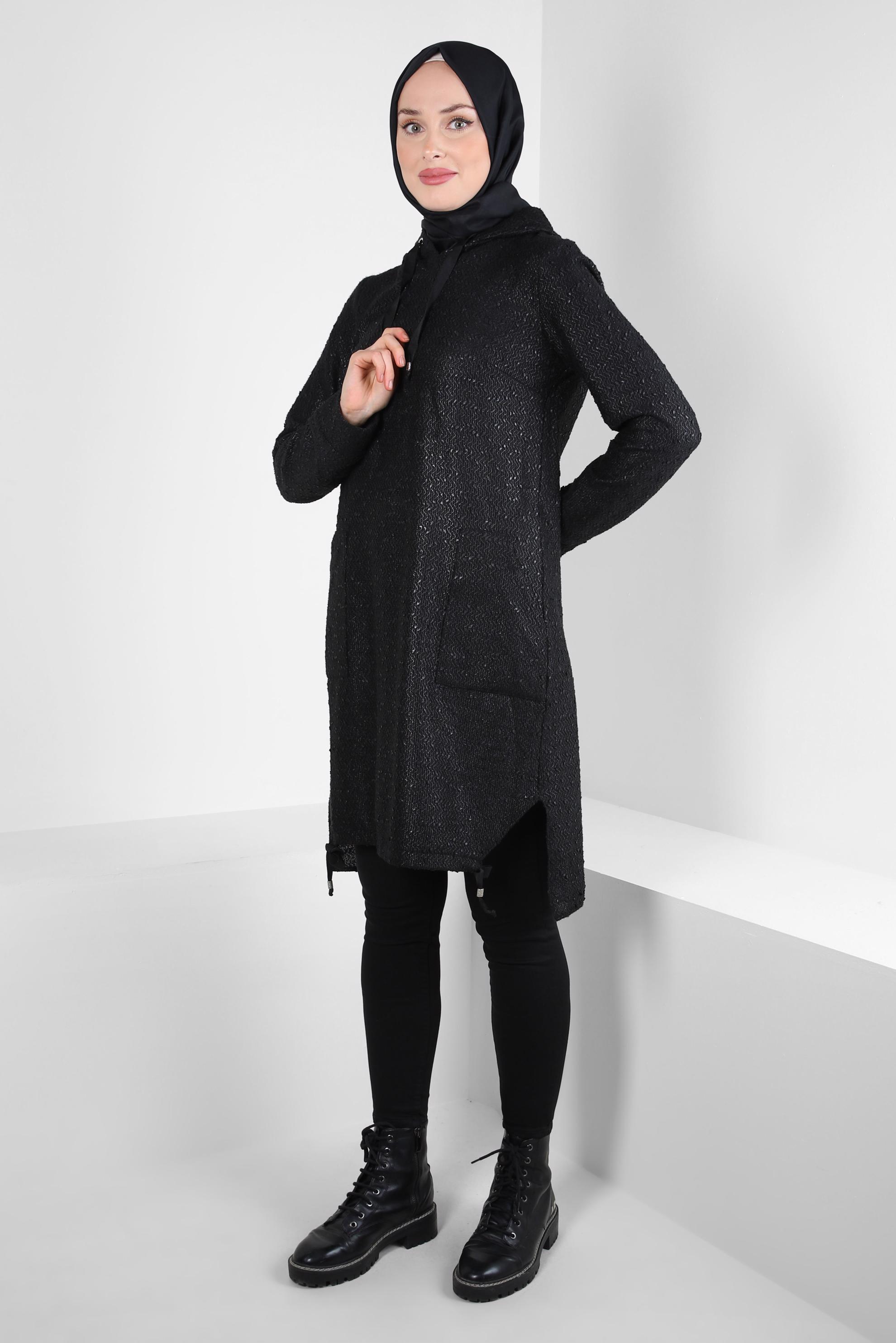 Tesettür giyim SİYAH KAPÜŞONLU TUNİK 40409-3