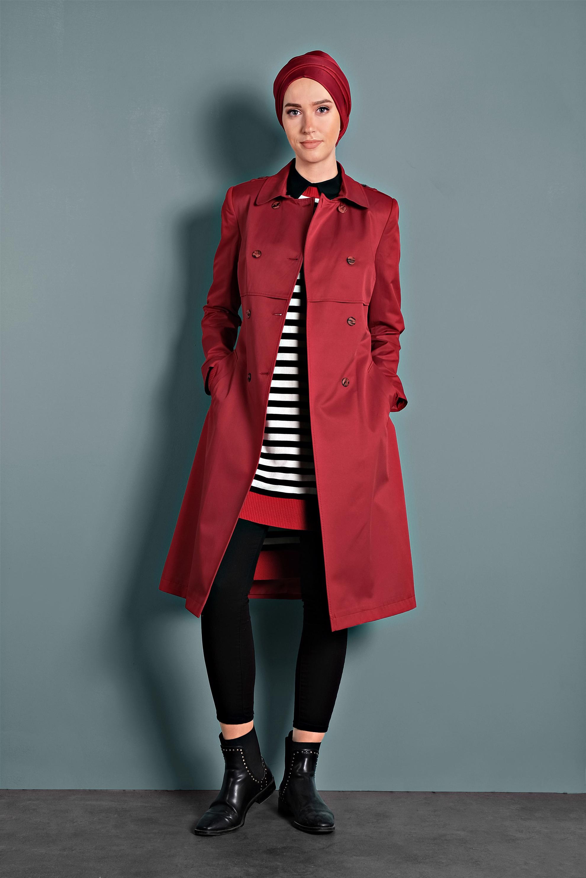 Tesettür giyim KIRMIZI BELİ KEMERLİ DÜĞMELİ TRENÇKOT 10011 