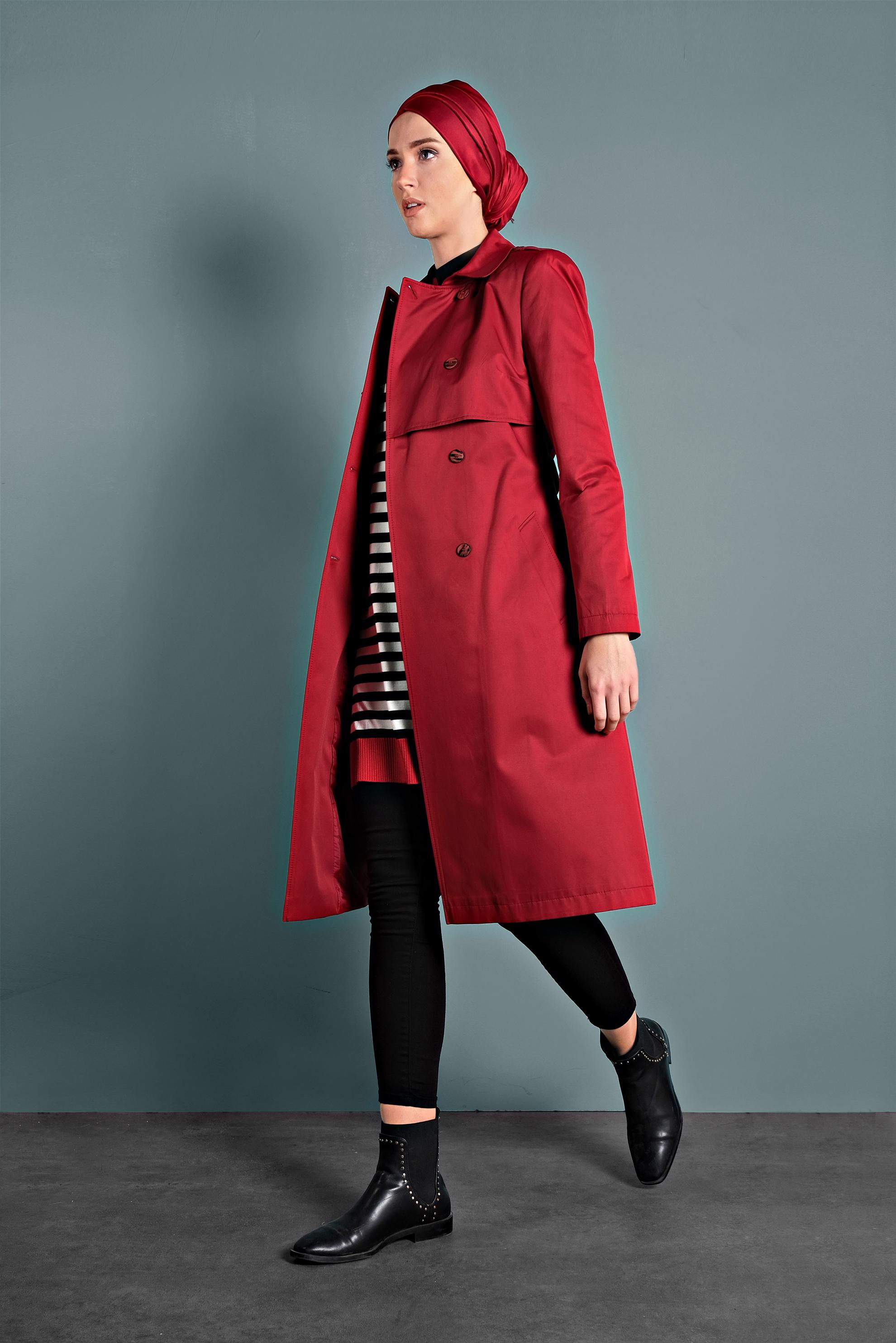 Tesettür giyim KIRMIZI BELİ KEMERLİ DÜĞMELİ TRENÇKOT 10011 