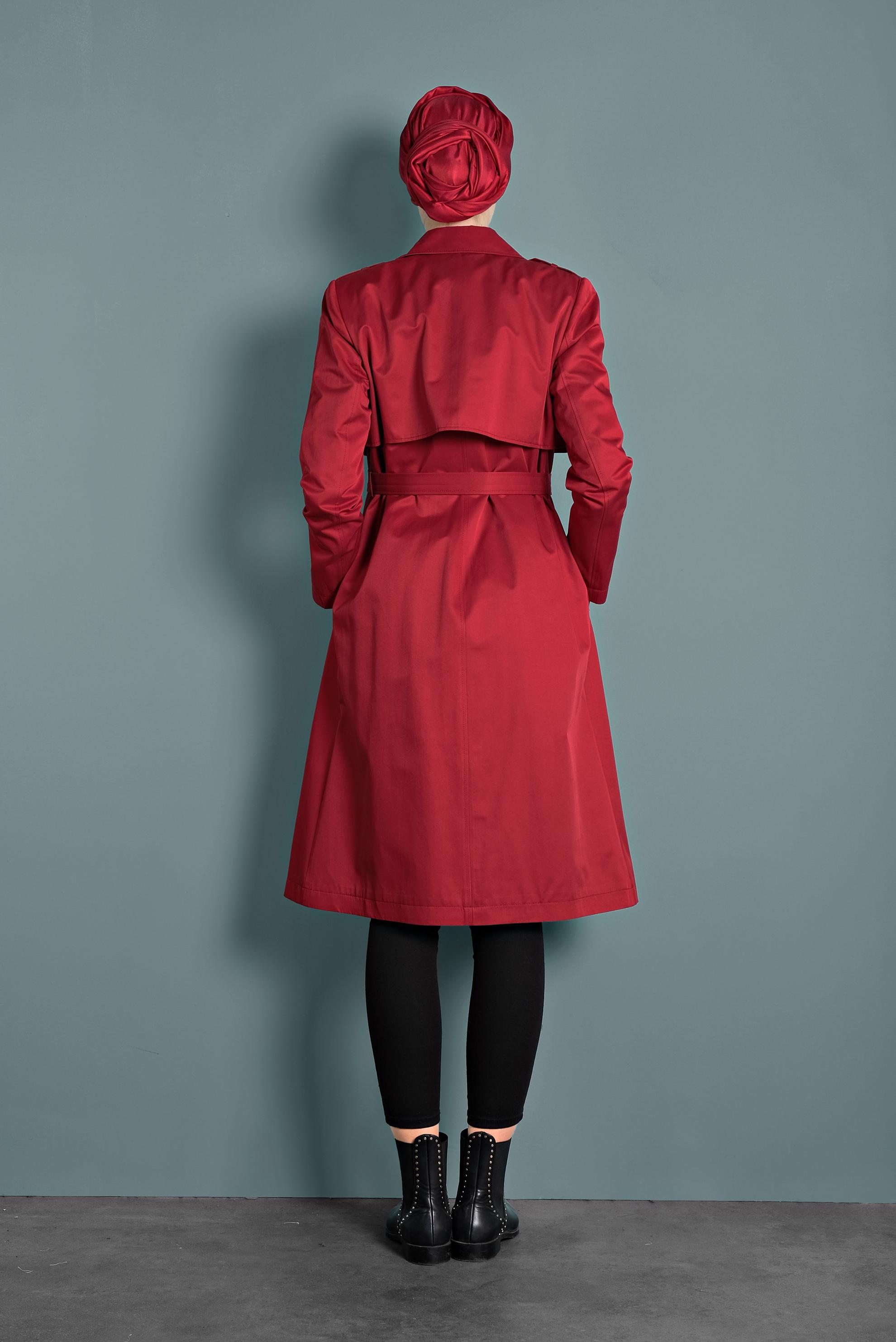 Tesettür giyim KIRMIZI BELİ KEMERLİ DÜĞMELİ TRENÇKOT 10011 