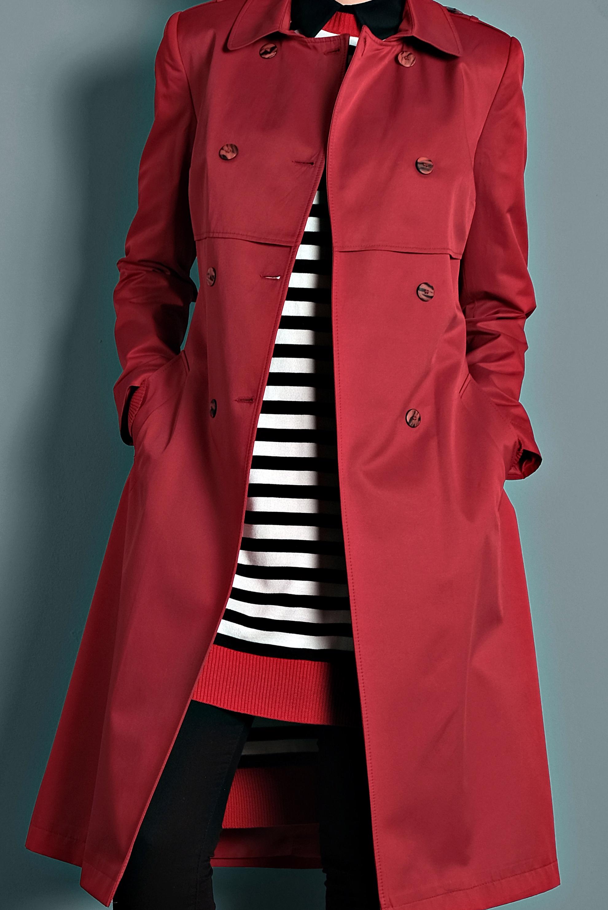 Tesettür giyim KIRMIZI BELİ KEMERLİ DÜĞMELİ TRENÇKOT 10011 