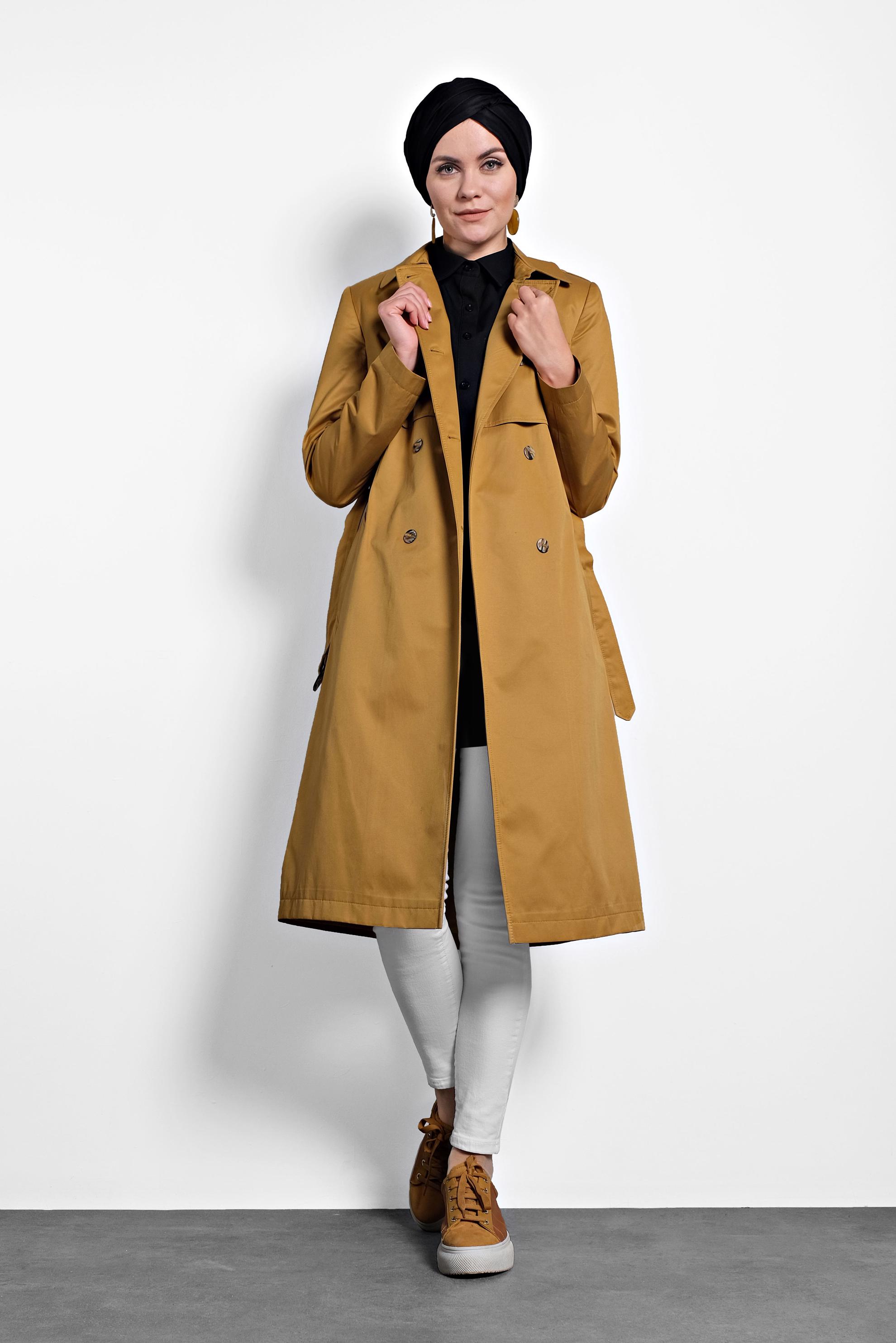 Tesettür giyim SARI BELİ KEMERLİ DÜĞMELİ TRENÇKOT 10011 