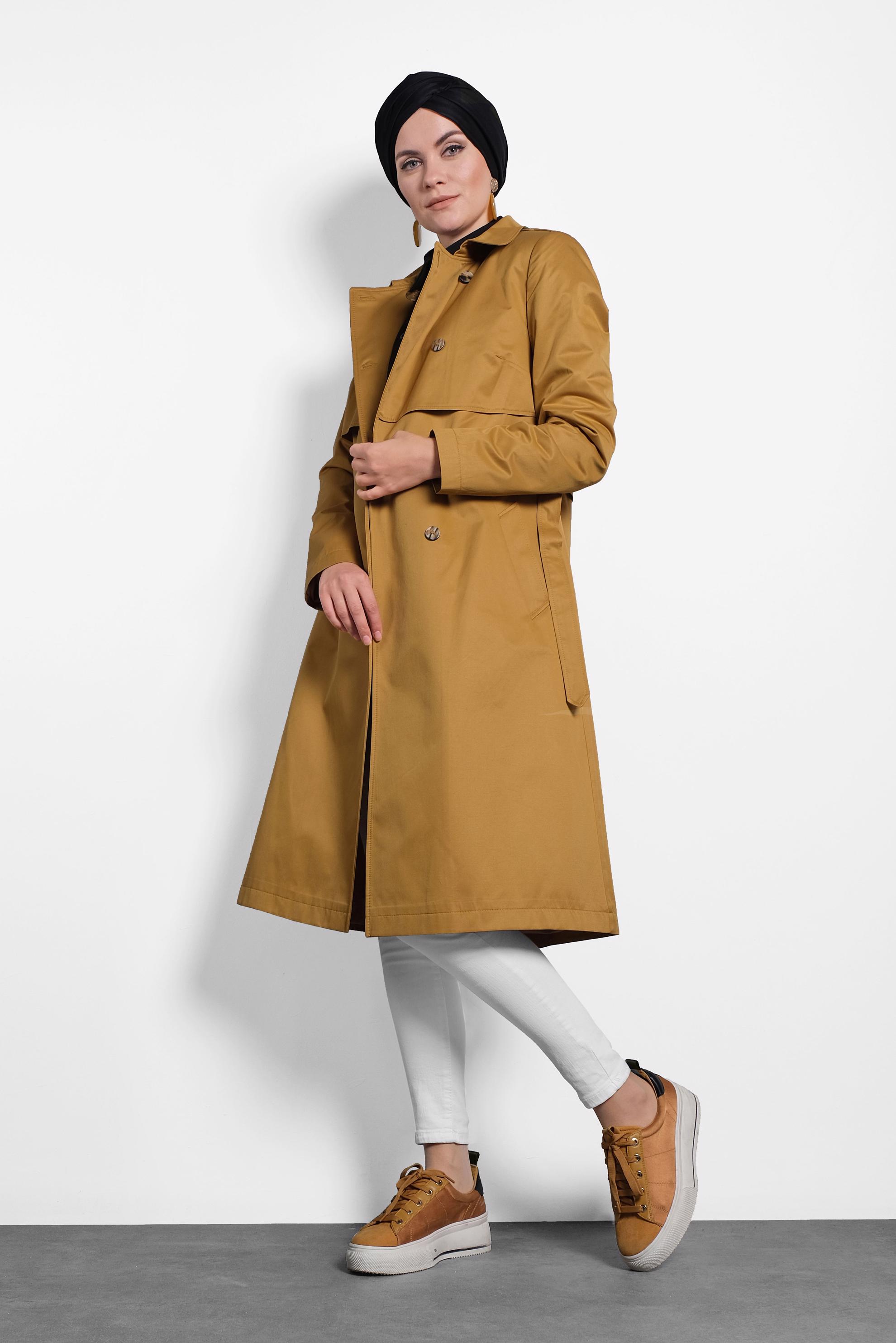 Tesettür giyim SARI BELİ KEMERLİ DÜĞMELİ TRENÇKOT 10011 