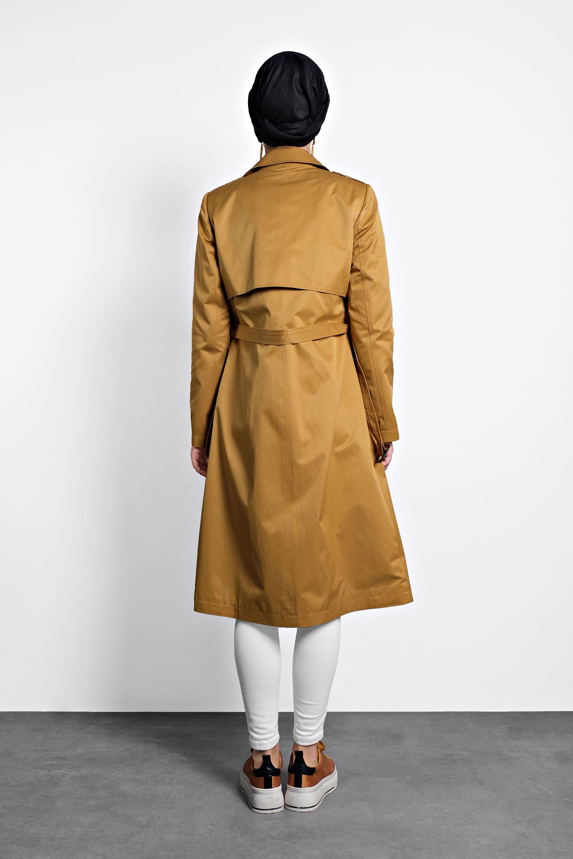 Tesettür giyim SARI BELİ KEMERLİ DÜĞMELİ TRENÇKOT 10011 