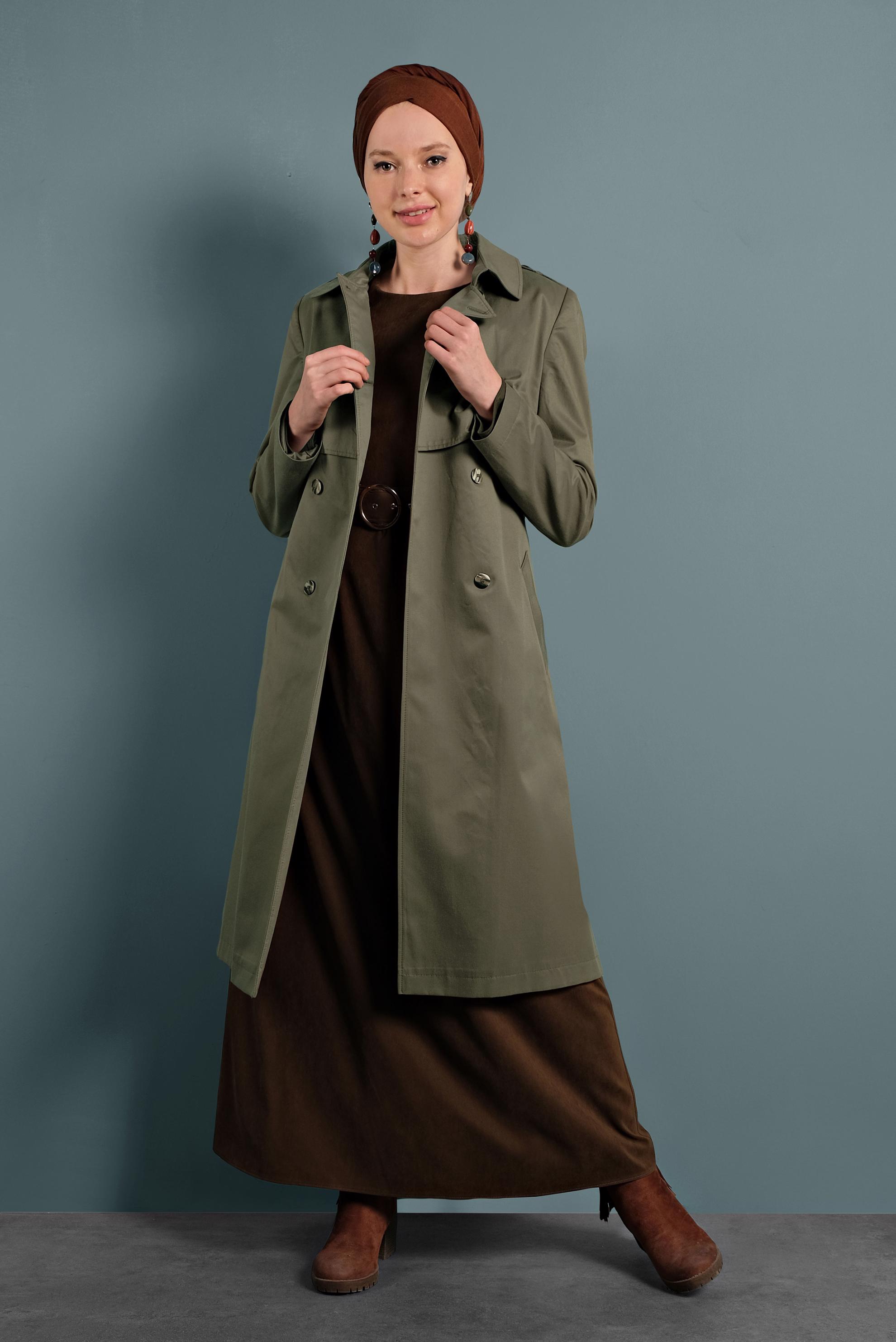 Tesettür giyim HAKİ BELİ KEMERLİ DÜĞMELİ TRENÇKOT 10011 