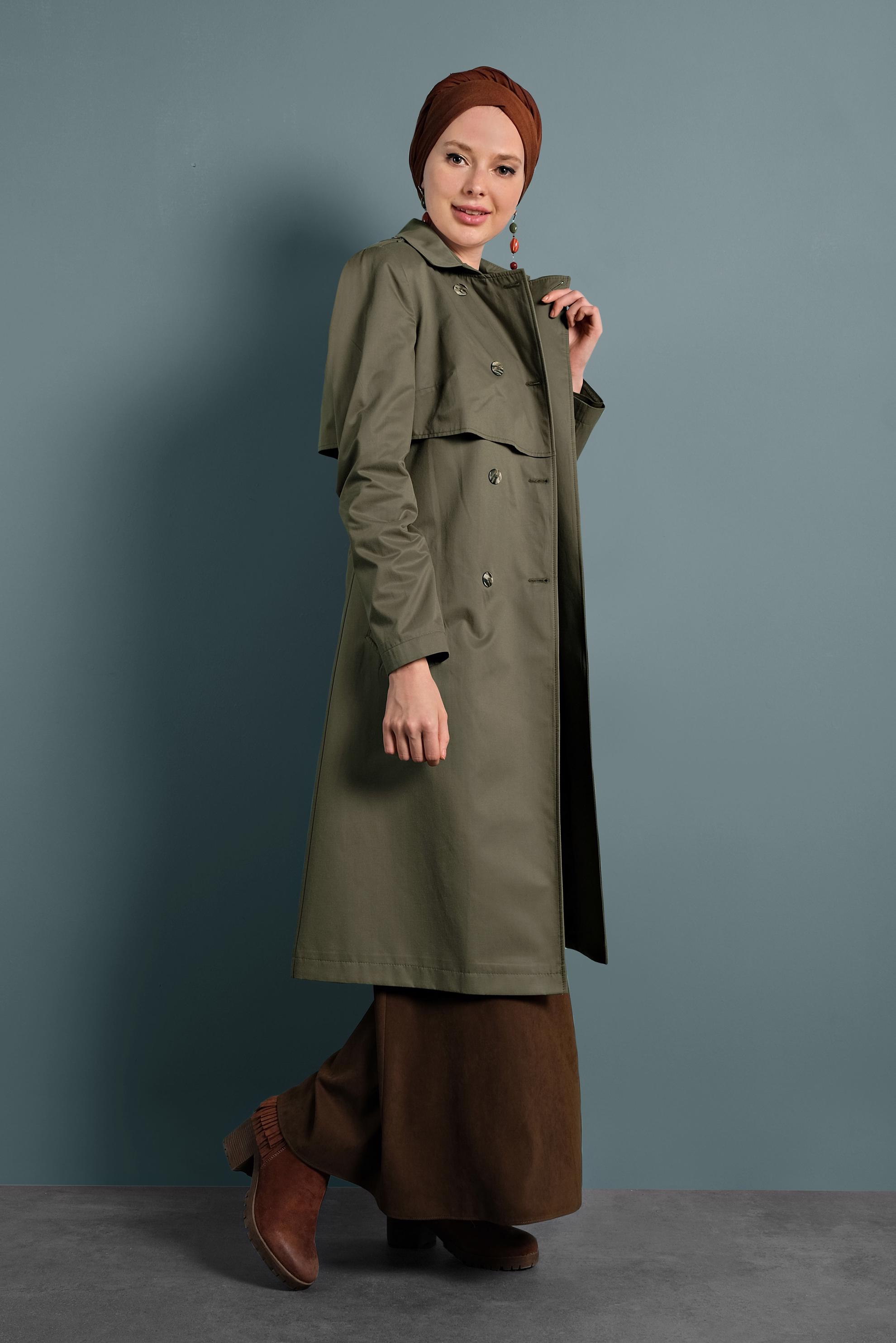 Tesettür giyim HAKİ BELİ KEMERLİ DÜĞMELİ TRENÇKOT 10011 