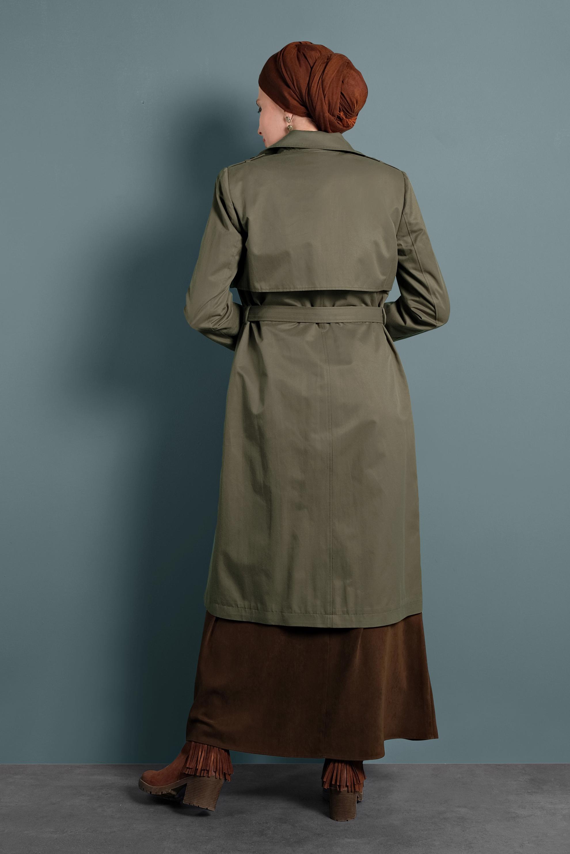 Tesettür giyim HAKİ BELİ KEMERLİ DÜĞMELİ TRENÇKOT 10011 