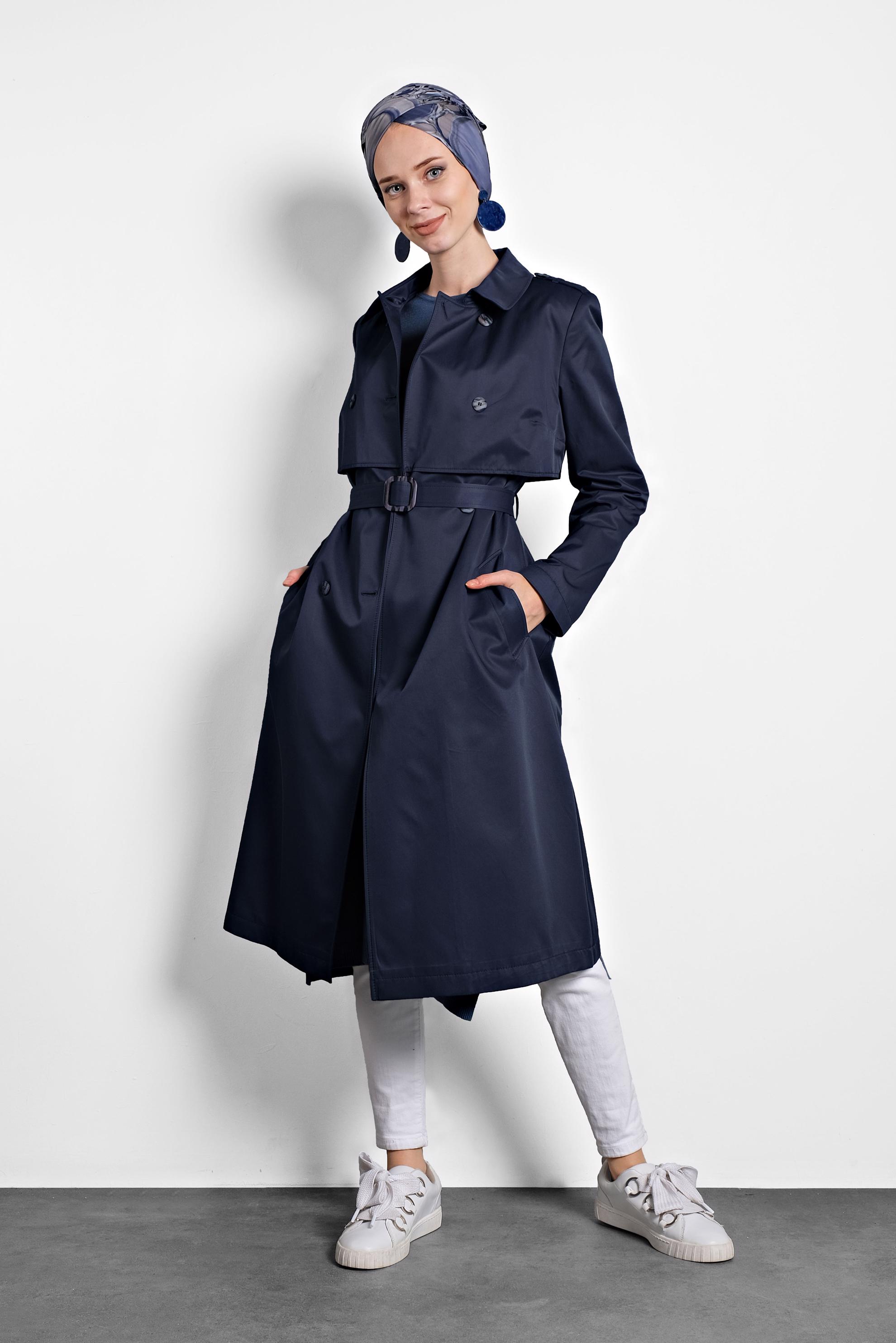 Tesettür giyim LACİVERT BELİ KEMERLİ DÜĞMELİ TRENÇKOT 10011 