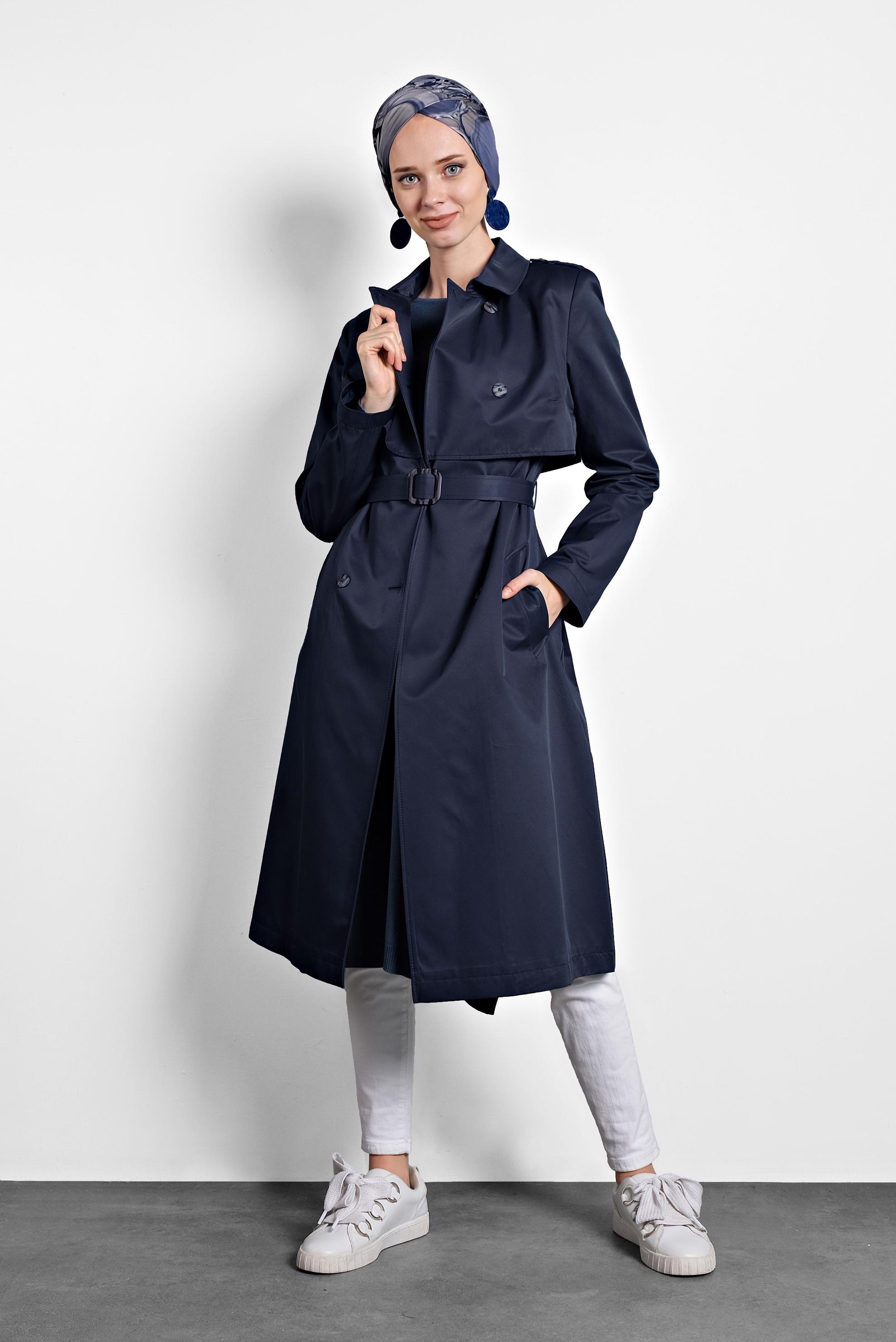 Tesettür giyim LACİVERT BELİ KEMERLİ DÜĞMELİ TRENÇKOT 10011 