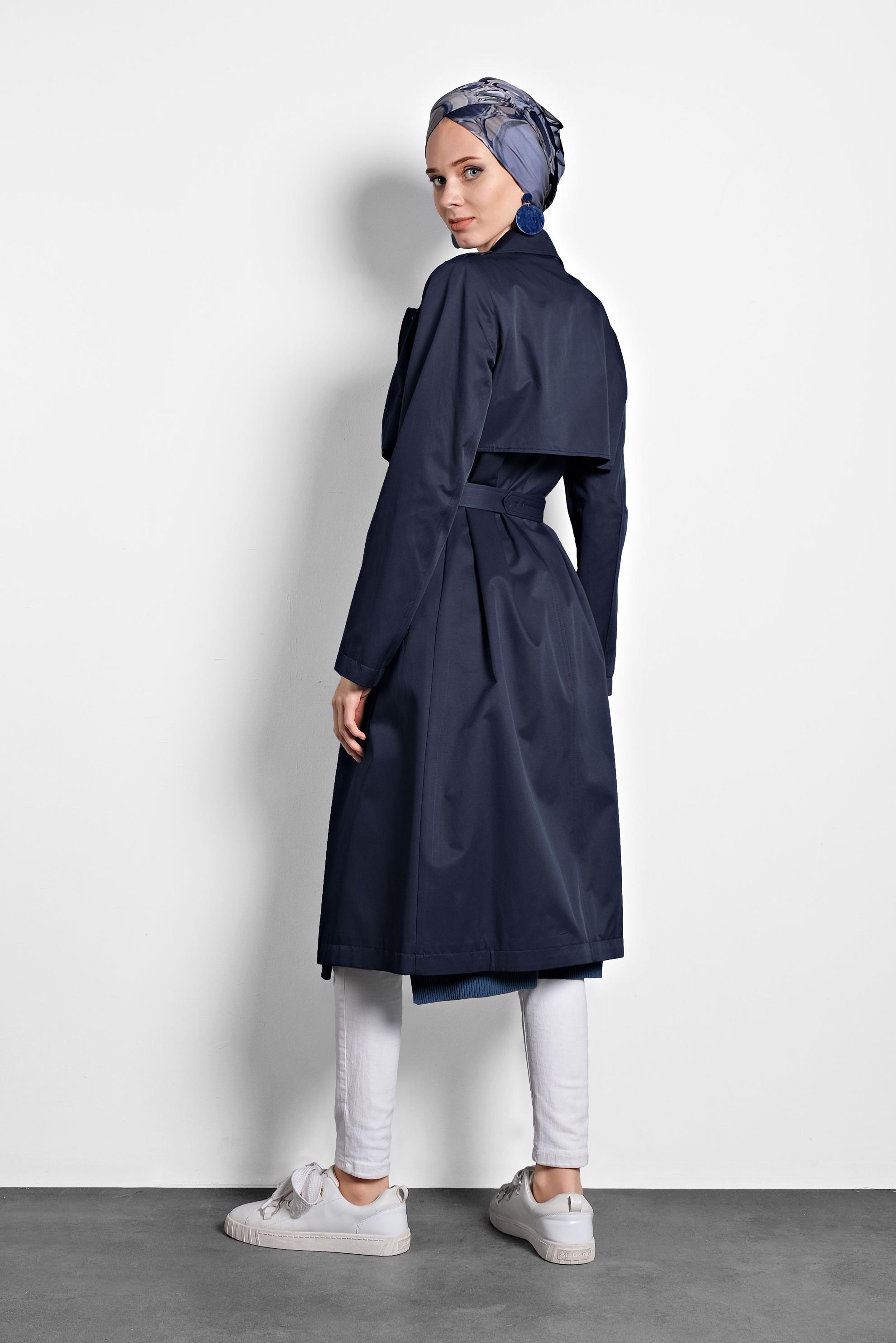 Tesettür giyim LACİVERT BELİ KEMERLİ DÜĞMELİ TRENÇKOT 10011 