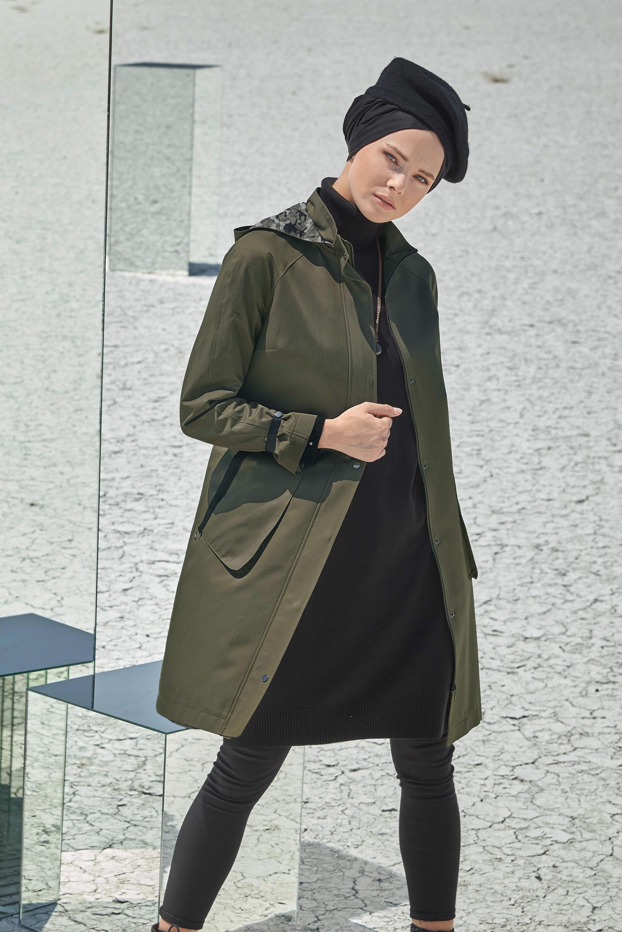 Hijab clothing KHAKI HOODED SPORT TRENCH-COAT 10012 