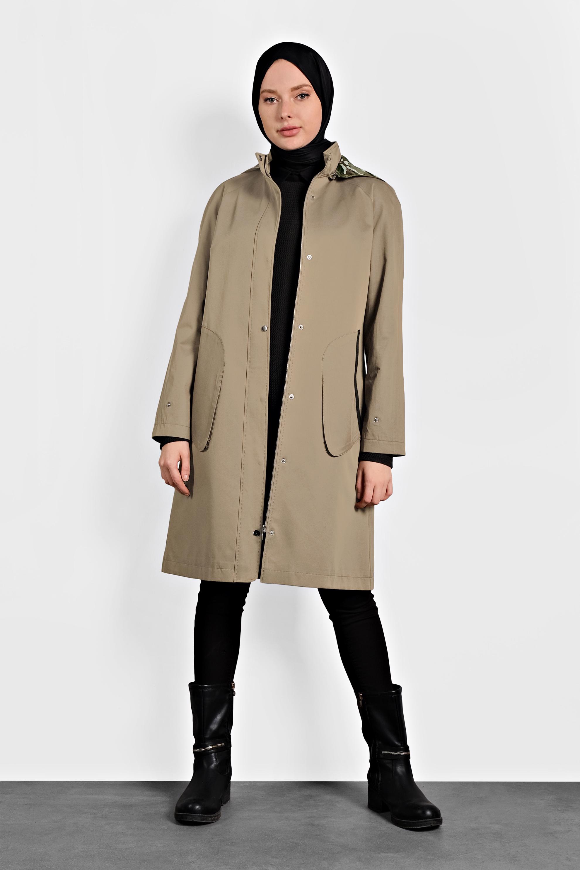 Tesettür giyim KAHVE KAPÜŞONLU SPOR TRENÇKOT 10012 