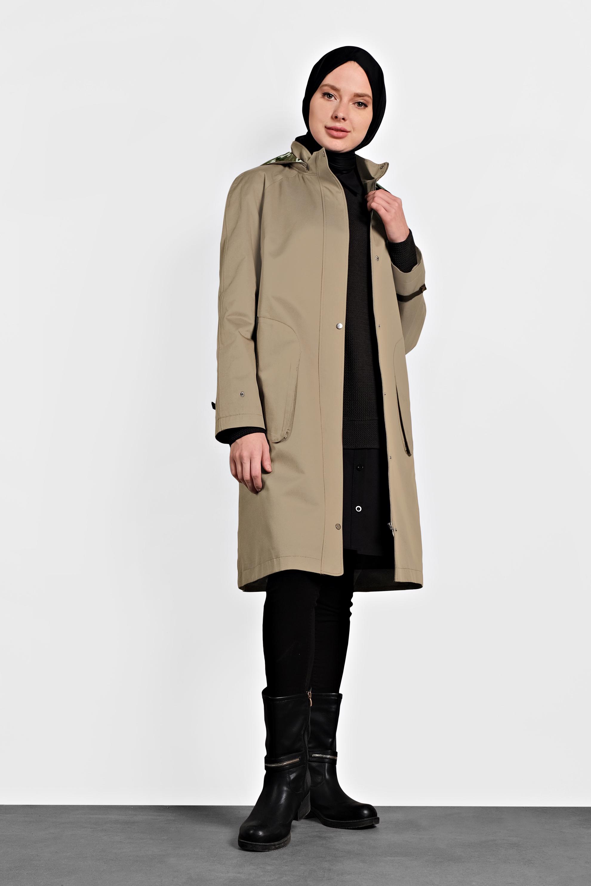 Tesettür giyim KAHVE KAPÜŞONLU SPOR TRENÇKOT 10012 