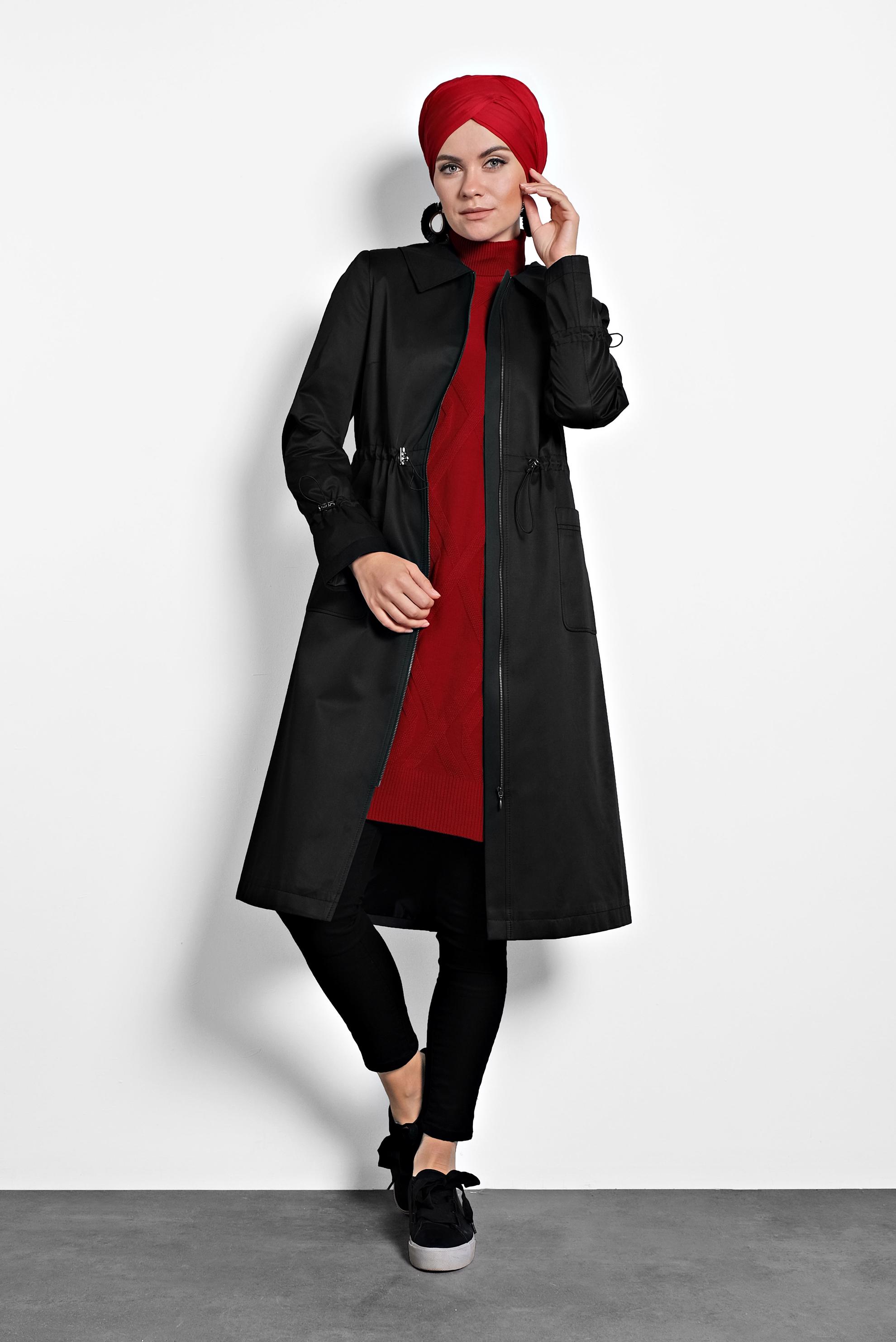 Tesettür giyim SİYAH BELİ BÜZGÜLÜ PAMUKLU TRENÇKOT 10013