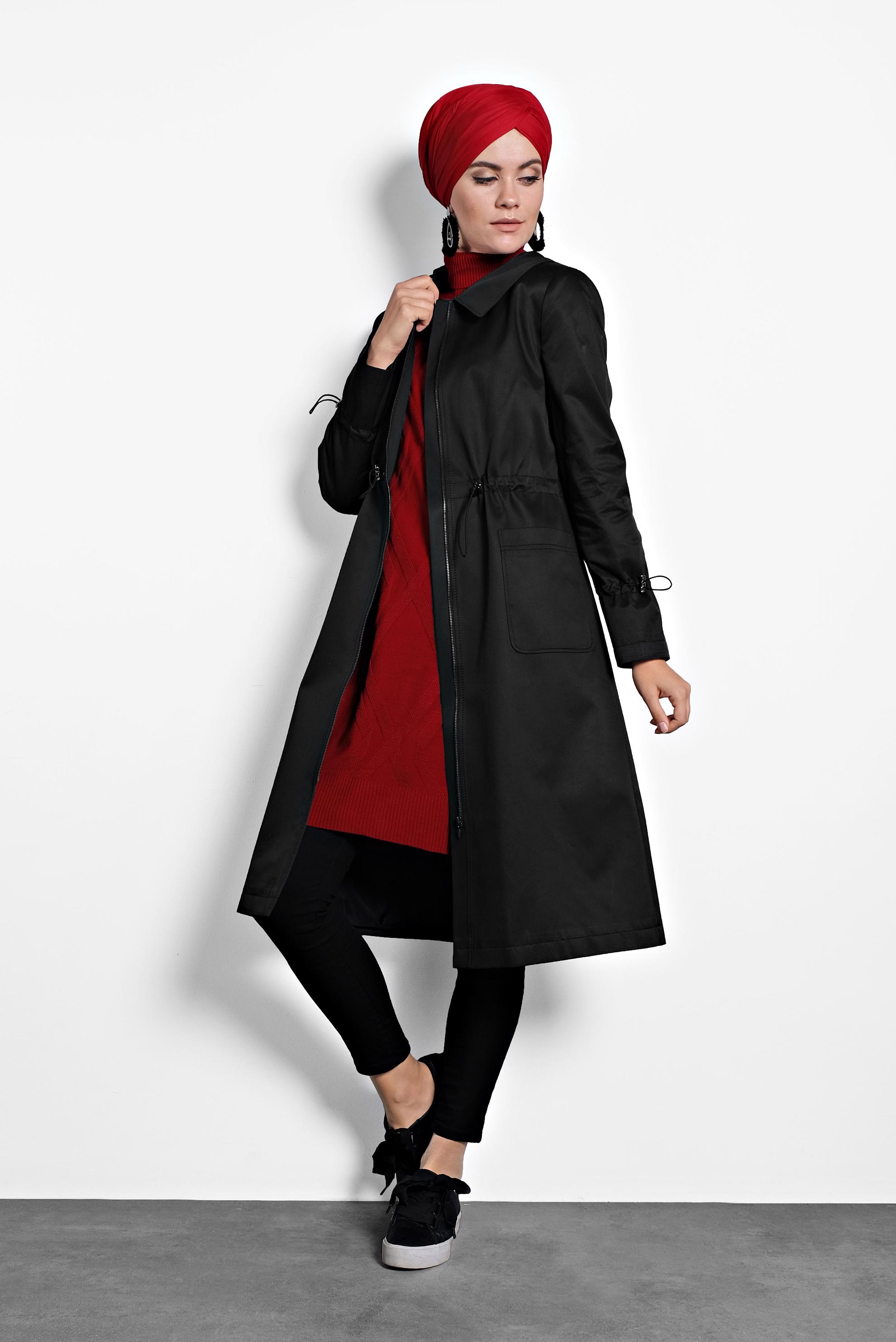 Tesettür giyim SİYAH BELİ BÜZGÜLÜ PAMUKLU TRENÇKOT 10013