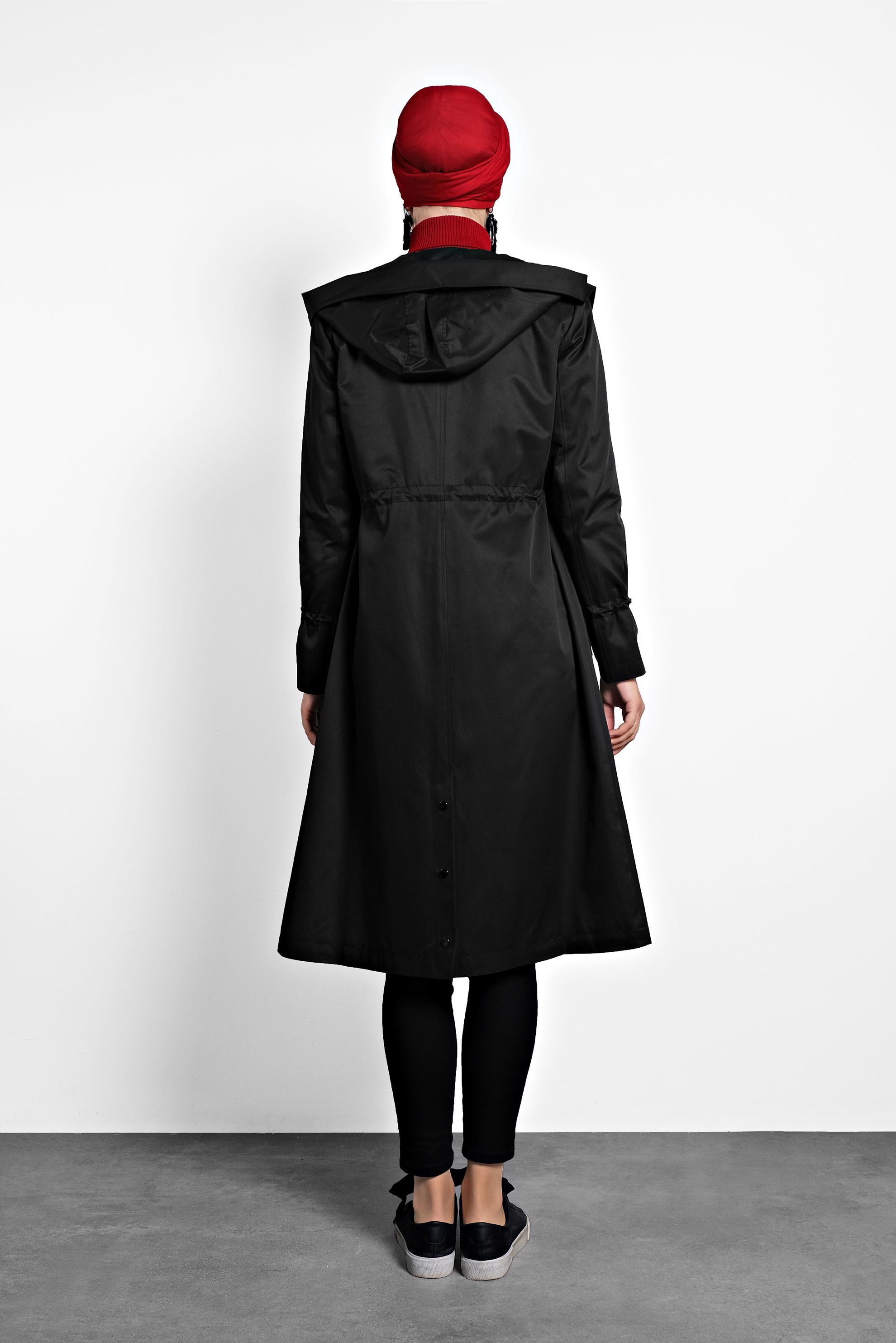 Tesettür giyim SİYAH BELİ BÜZGÜLÜ PAMUKLU TRENÇKOT 10013