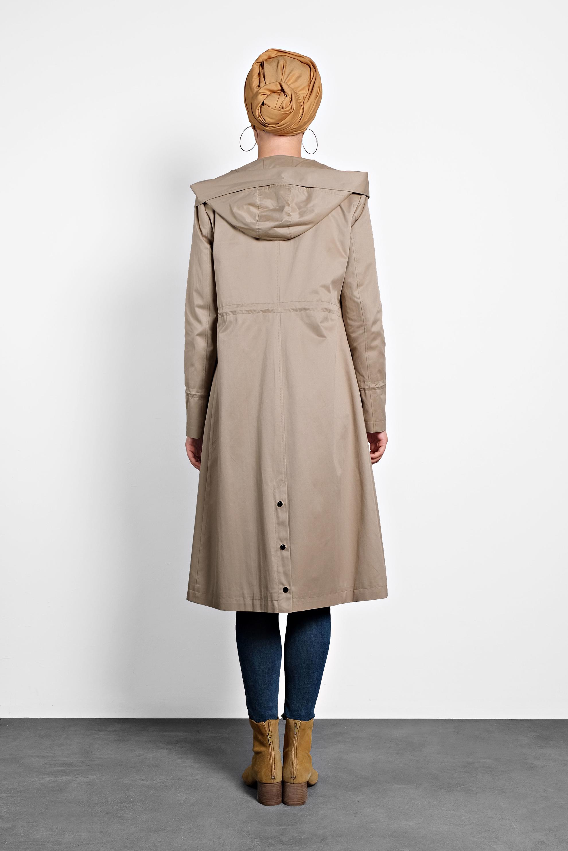 Tesettür giyim KAHVE BELİ BÜZGÜLÜ PAMUKLU TRENÇKOT 10013