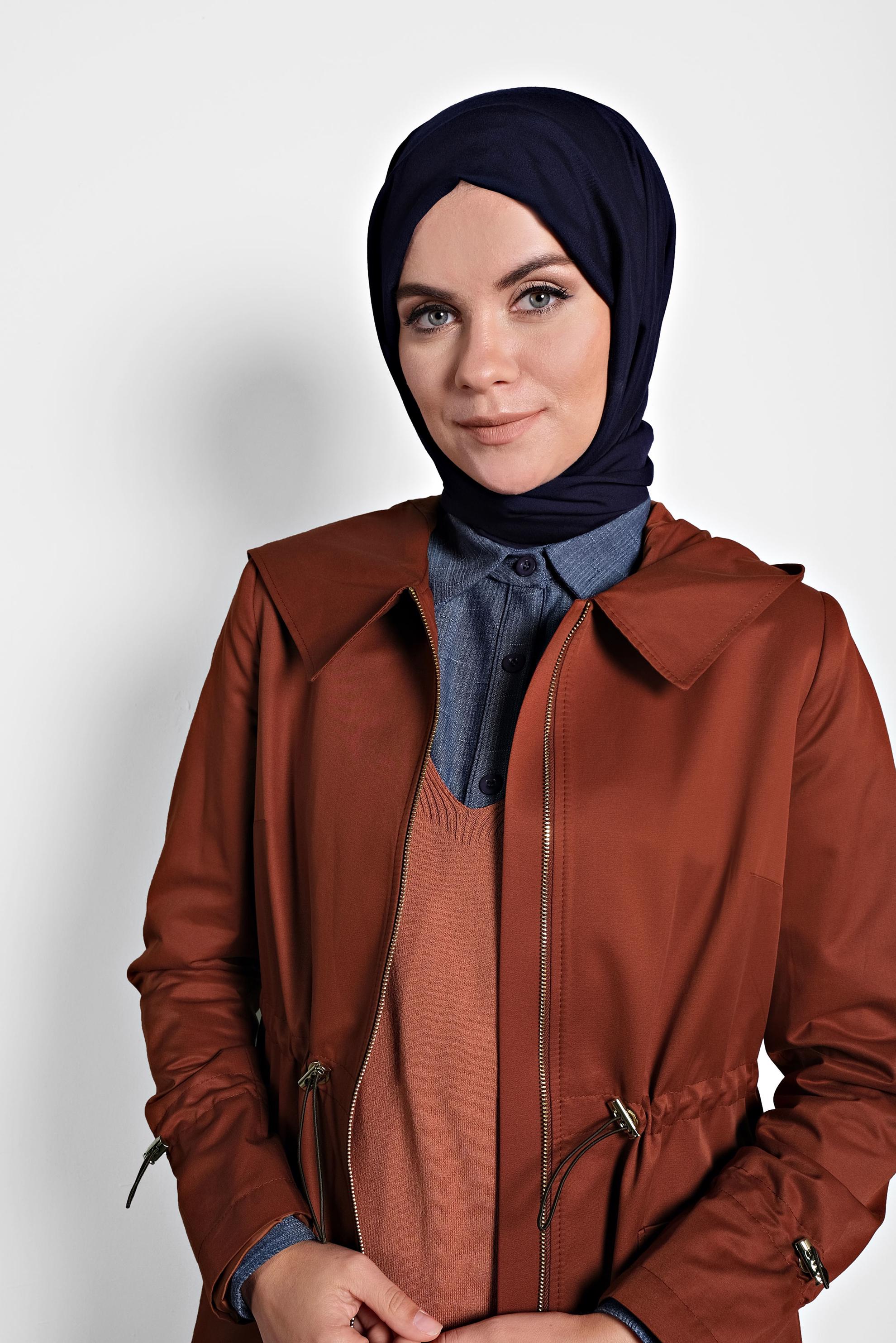 Tesettür giyim TURUNCU BELİ BÜZGÜLÜ PAMUKLU TRENÇKOT 10013