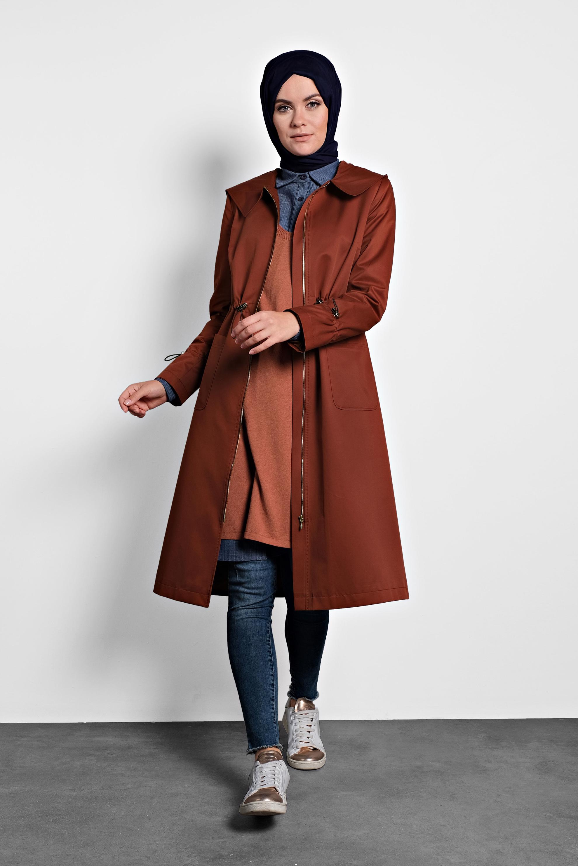 Tesettür giyim TURUNCU BELİ BÜZGÜLÜ PAMUKLU TRENÇKOT 10013