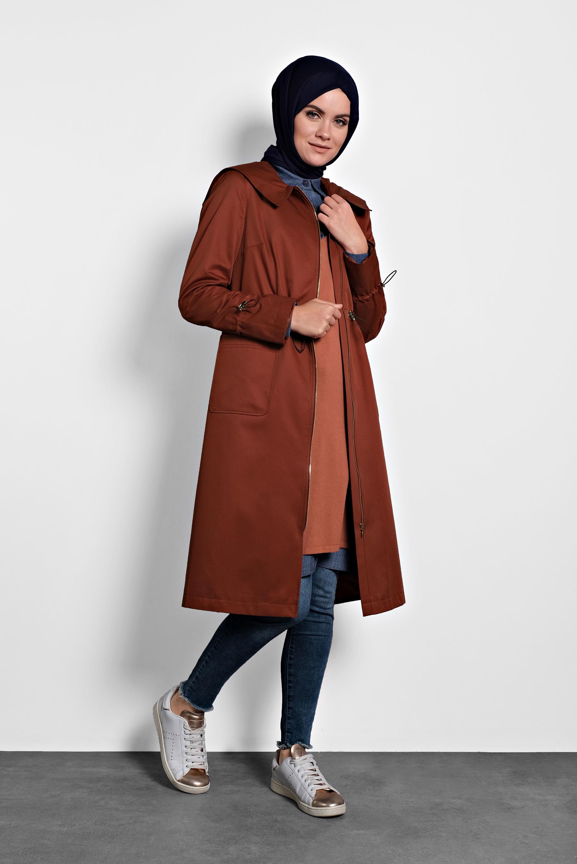 Tesettür giyim TURUNCU BELİ BÜZGÜLÜ PAMUKLU TRENÇKOT 10013